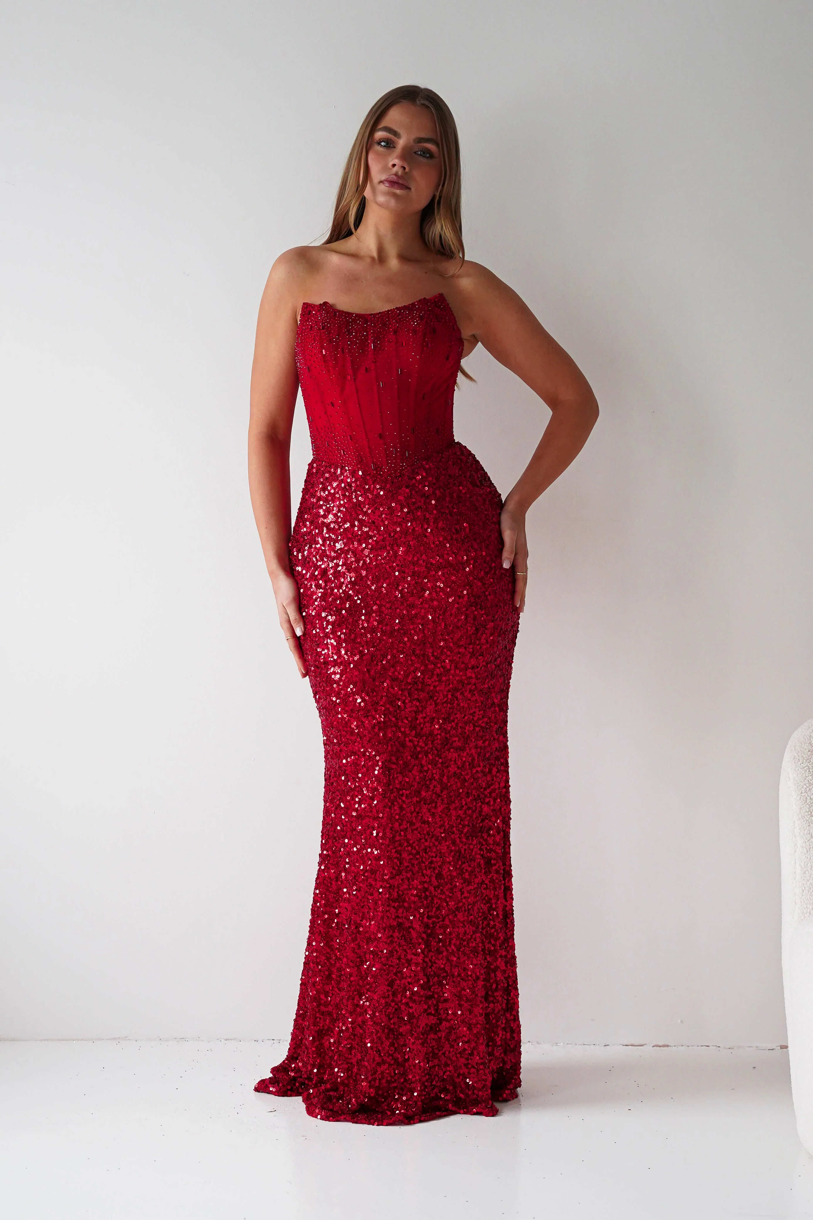 Henrietta Strapless Corset Sequin Gown | Red - Image 6