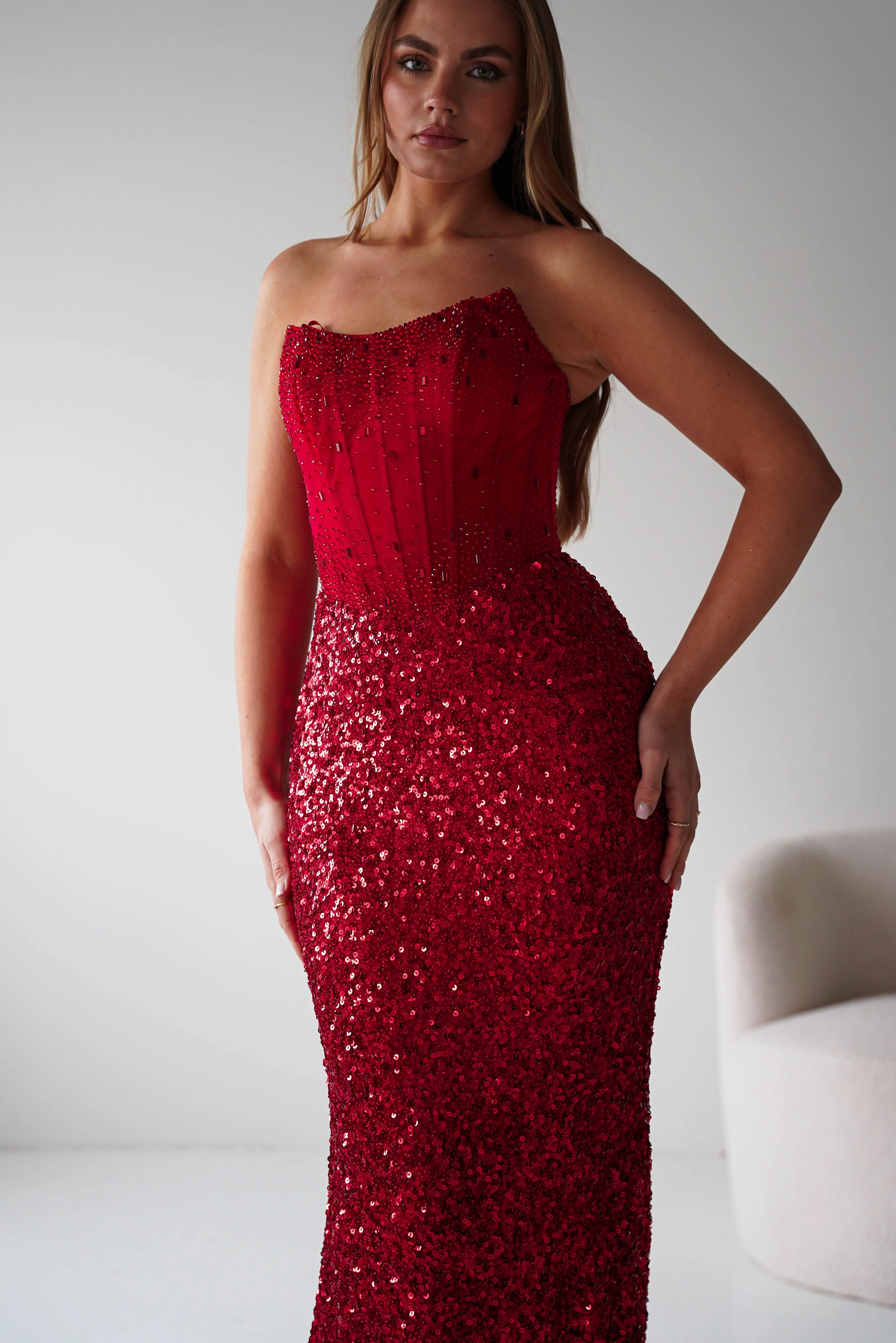 Henrietta Strapless Corset Sequin Gown | Red - Image 7
