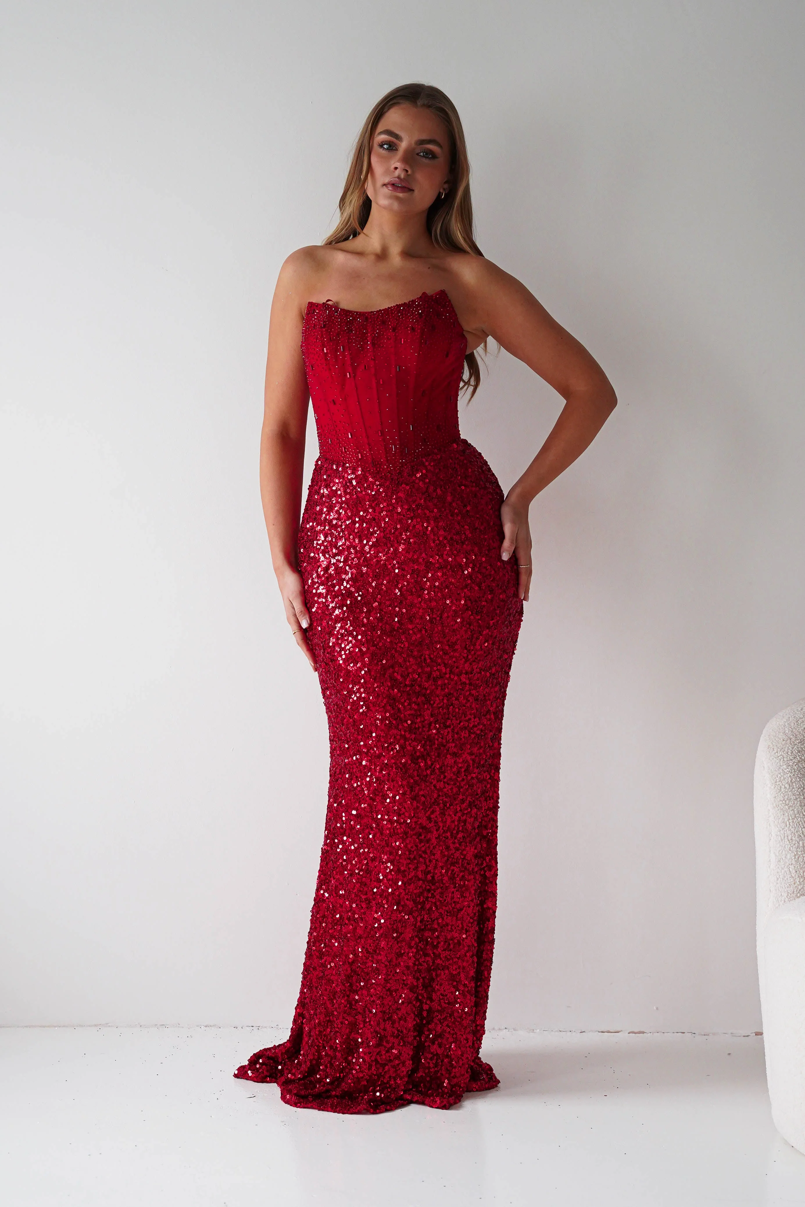 Henrietta Strapless Corset Sequin Gown | Red - Image 8