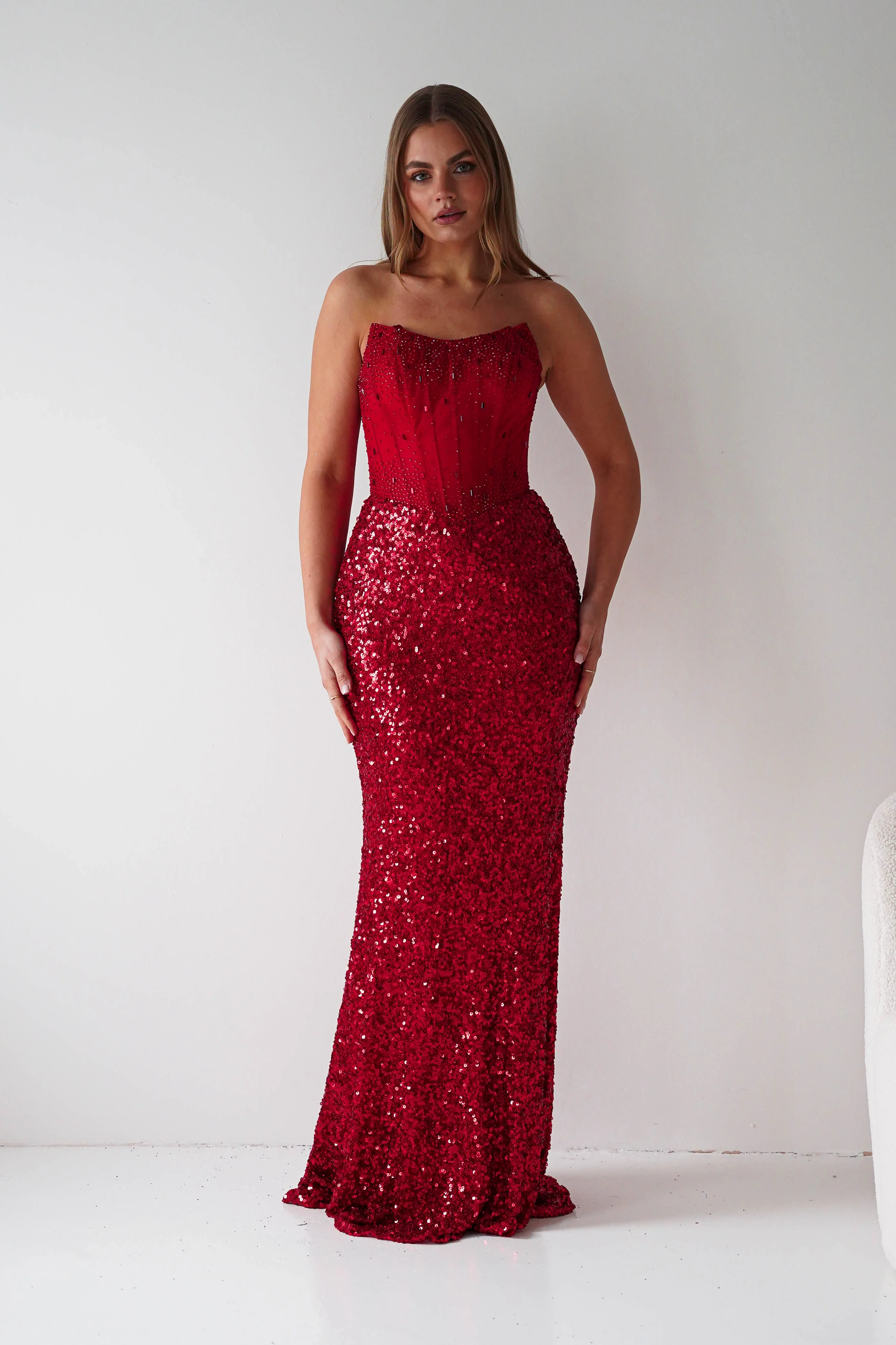 Henrietta Strapless Corset Sequin Gown | Red - Image 9