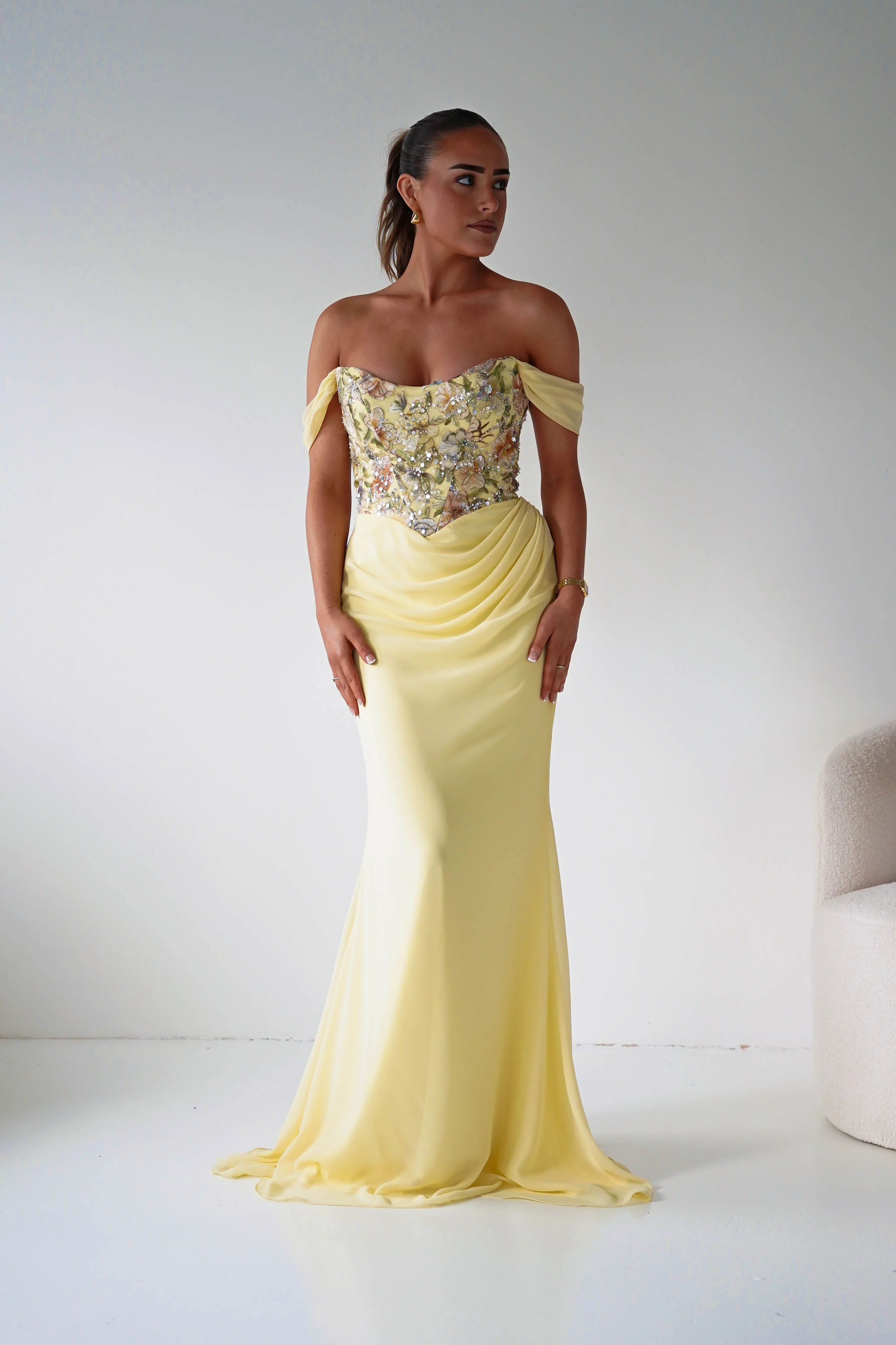 Honey Embellished Chiffon Gown | Yellow - Image 11