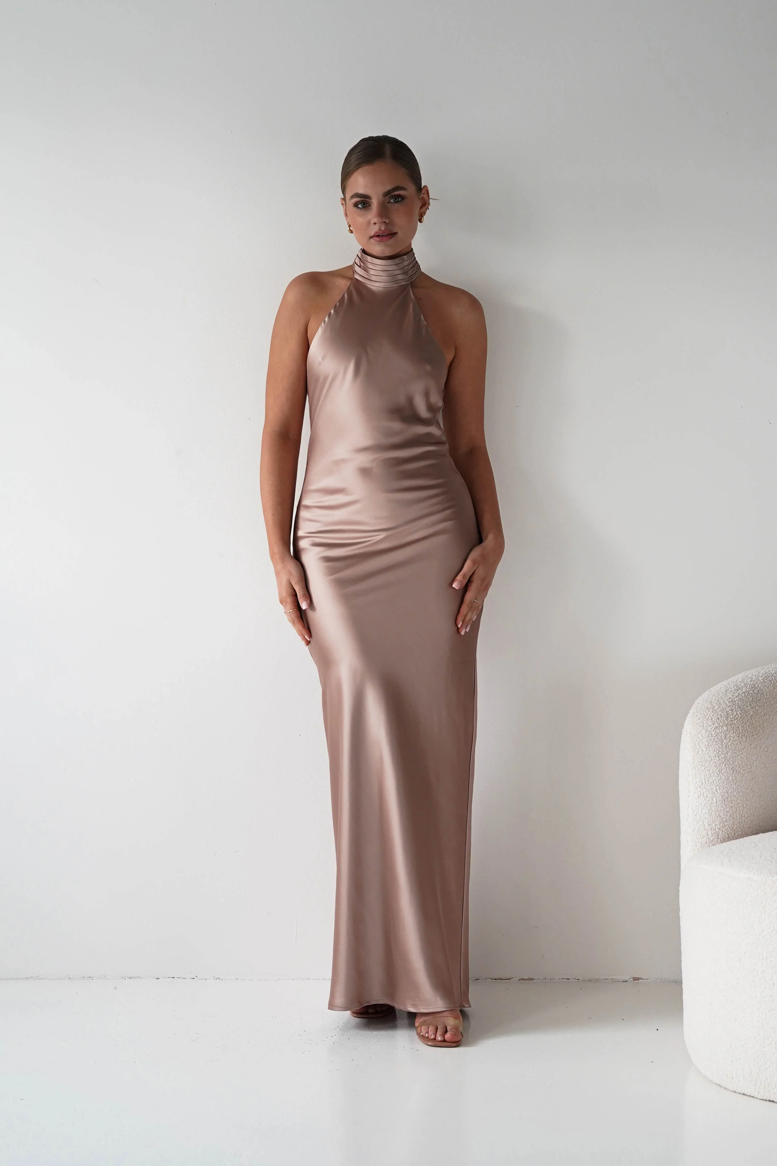Isla Halterneck Maxi Slip Dress | Bronze