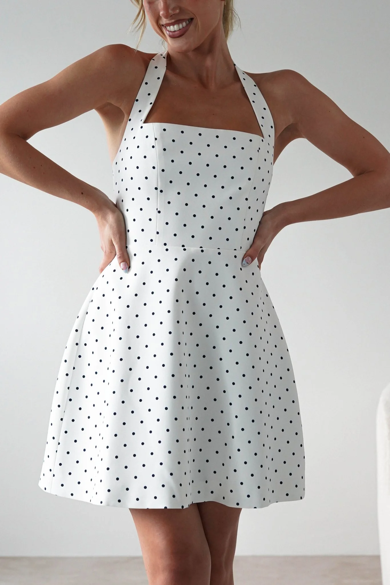 Isobel Polka Dot Halterneck Mini Dress | White - Image 2