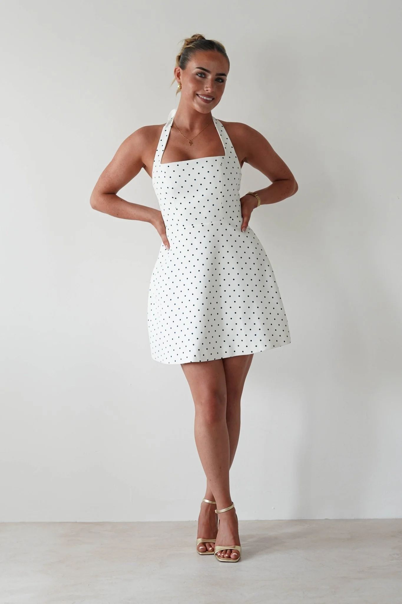 Isobel Polka Dot Halterneck Mini Dress | White - Image 5