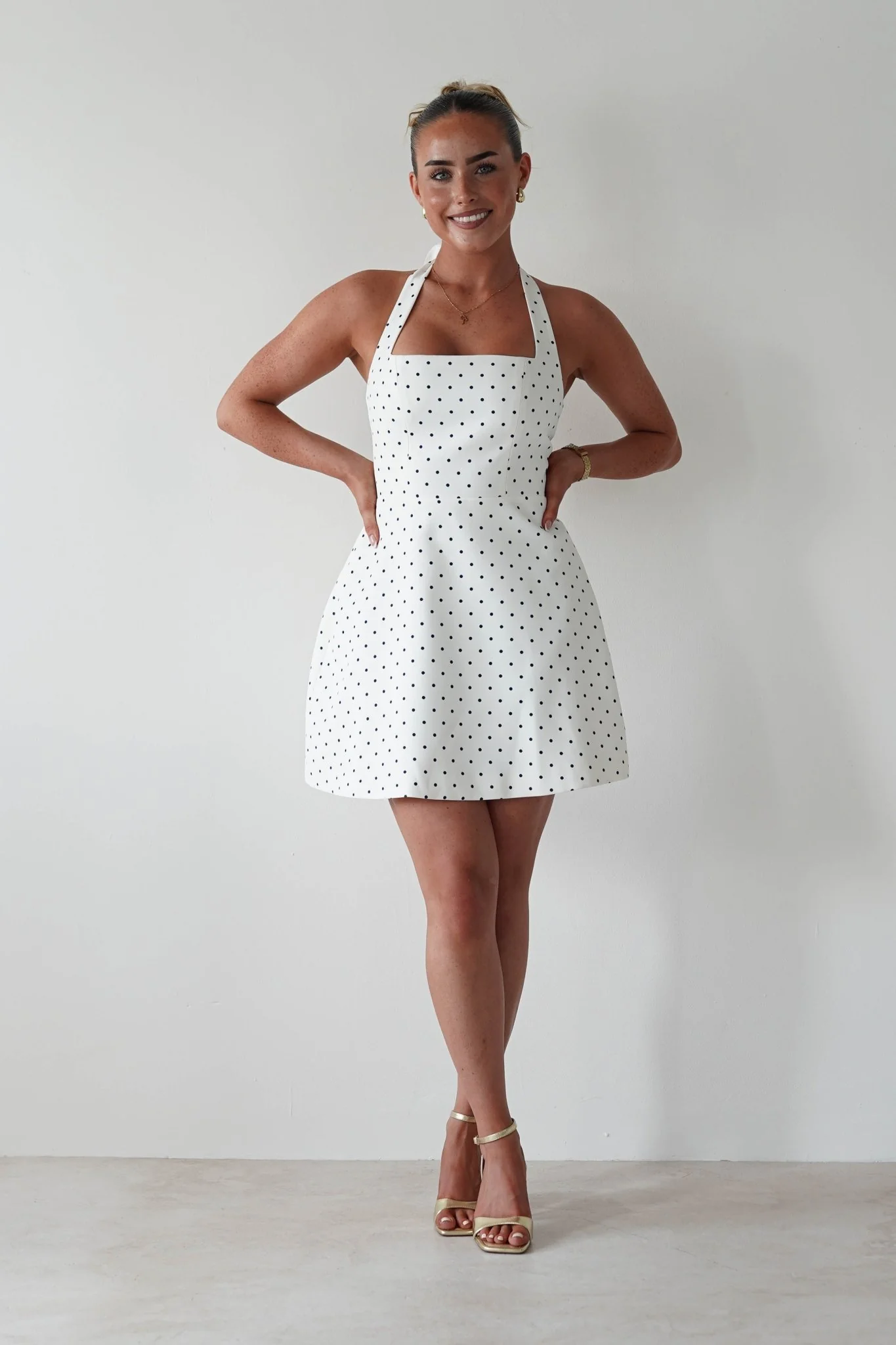 Isobel Polka Dot Halterneck Mini Dress | White - Image 6