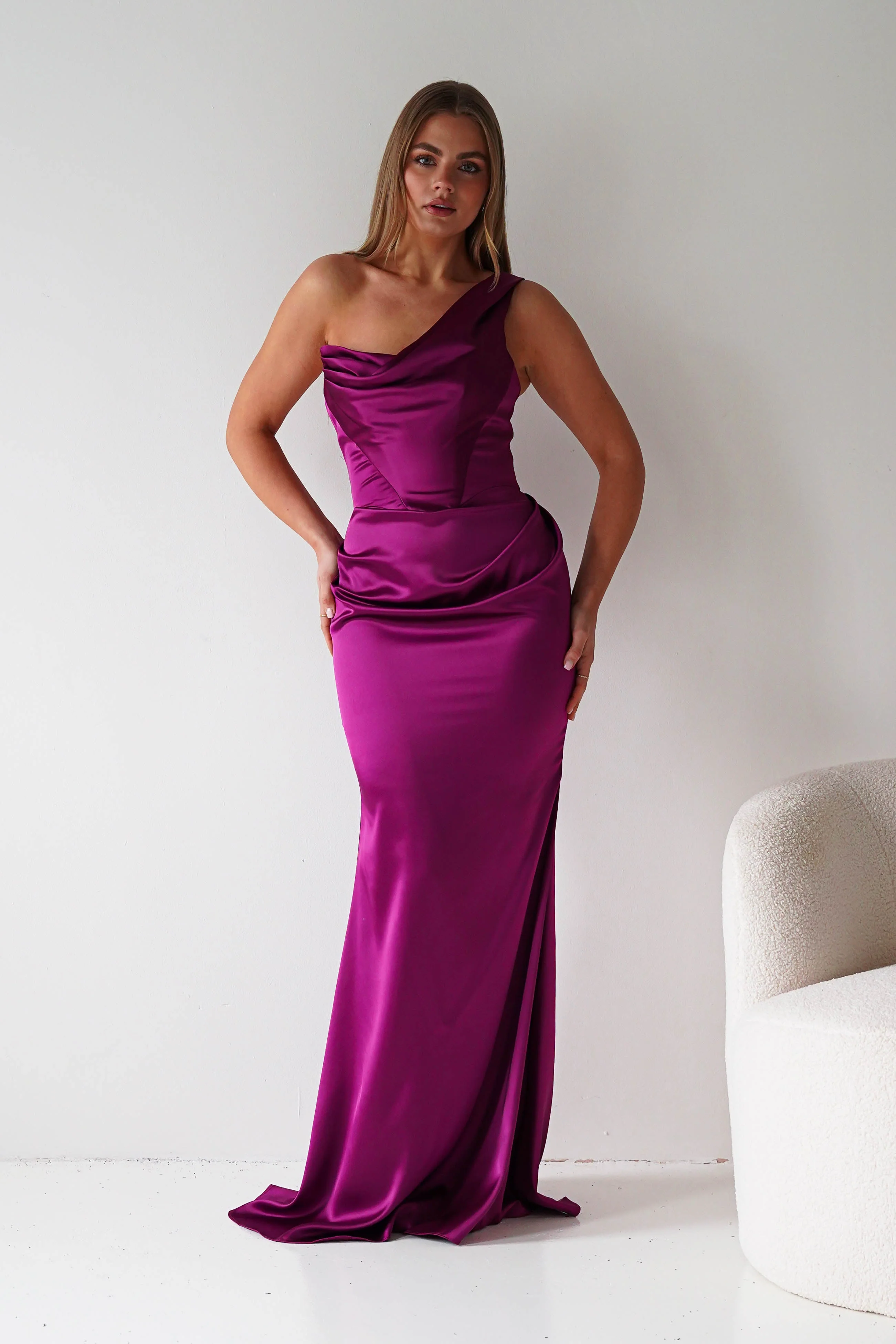 Jessel Satin One Shoulder Draped Maxi Gown | Berry - Image 3