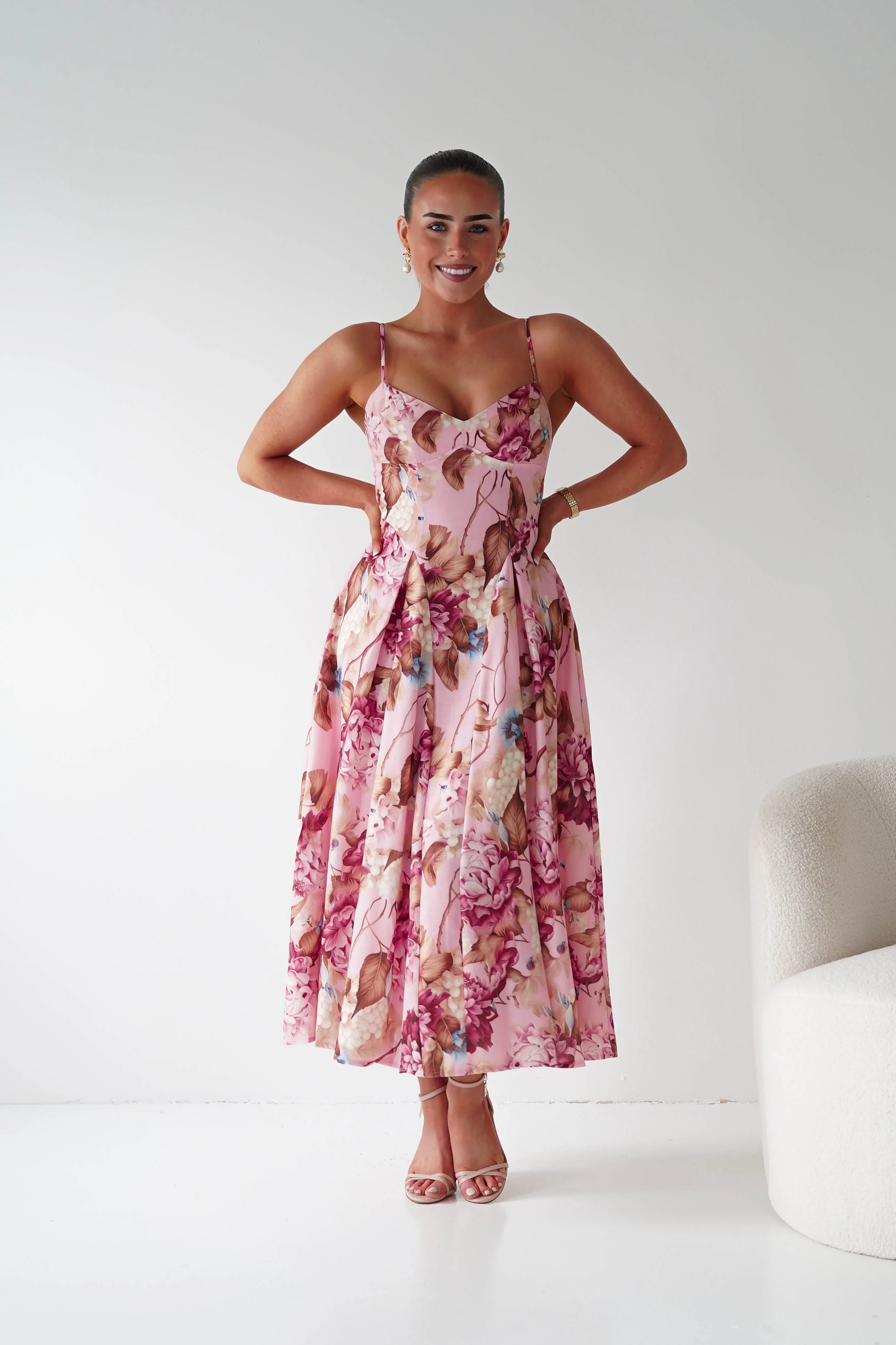 Karissa Floral Print Sweetheart Midi Dress | Pink - Image 10