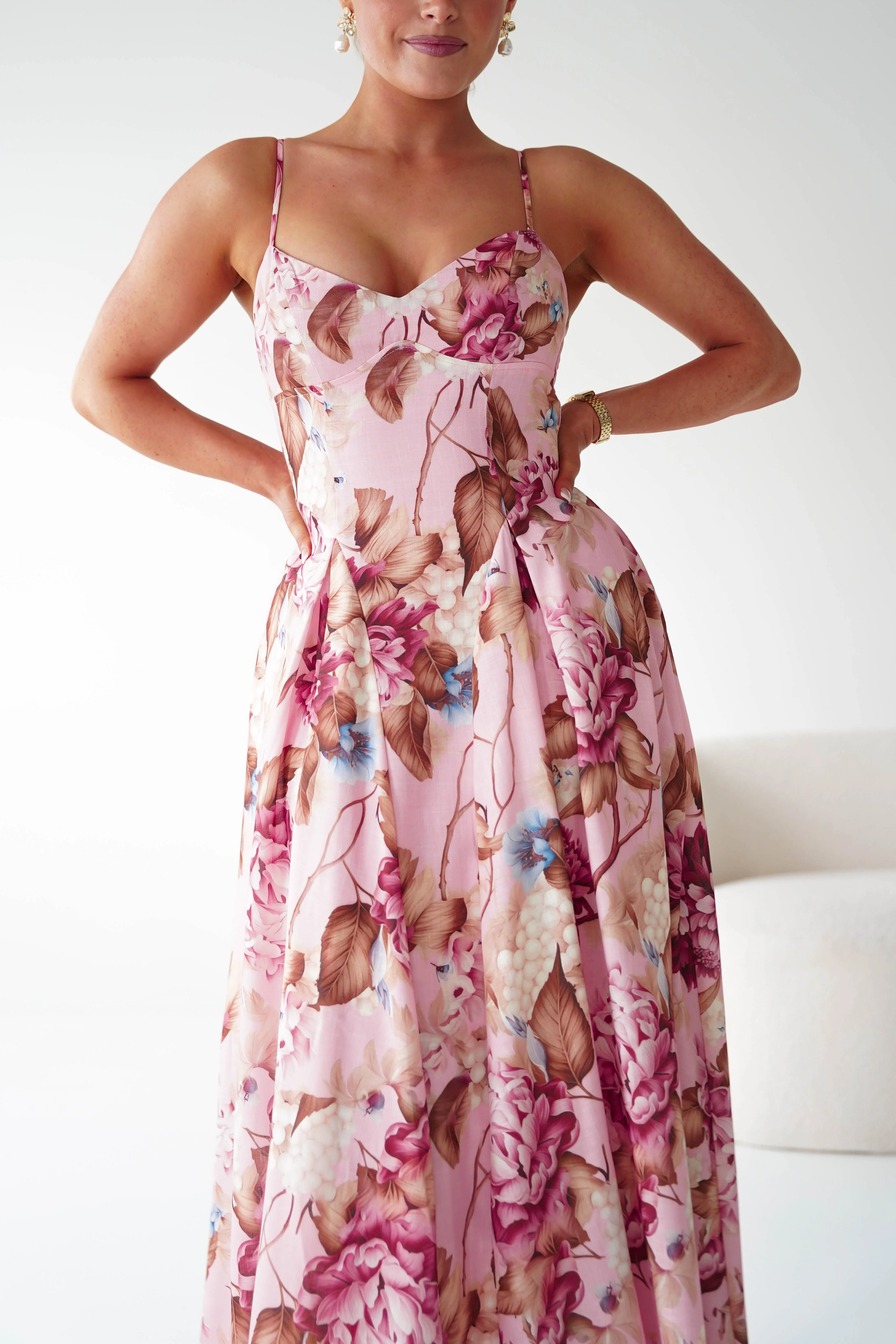 Karissa Floral Print Sweetheart Midi Dress | Pink - Image 12