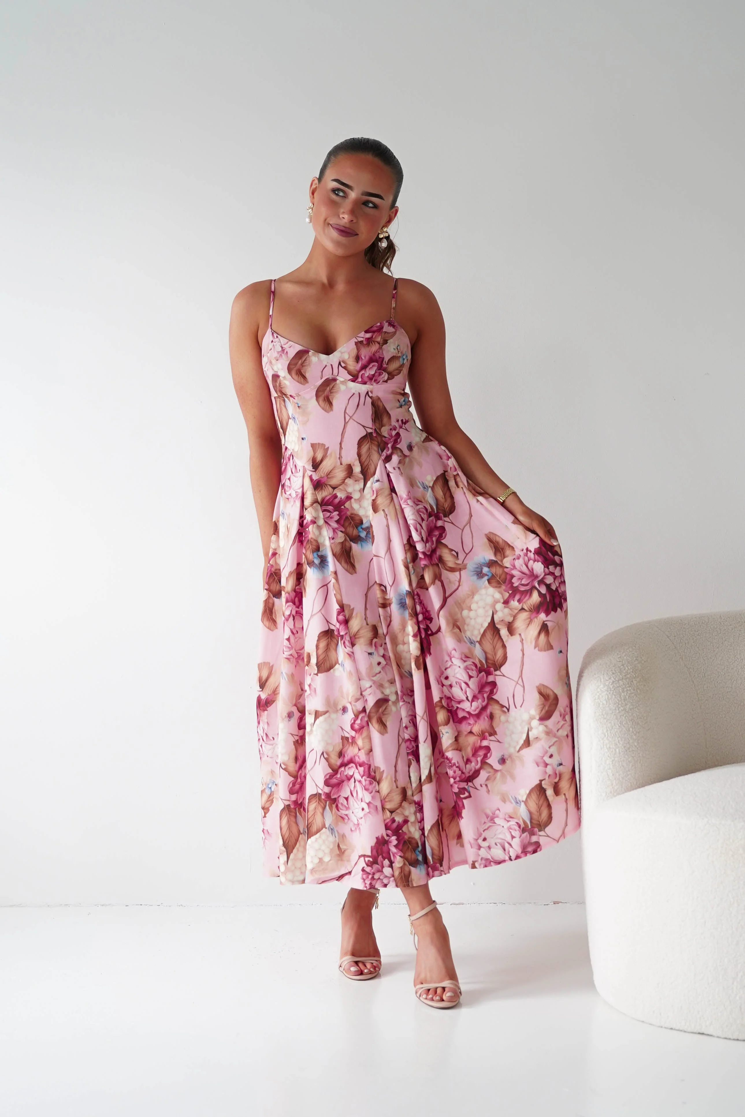 Karissa Floral Print Sweetheart Midi Dress | Pink - Image 3