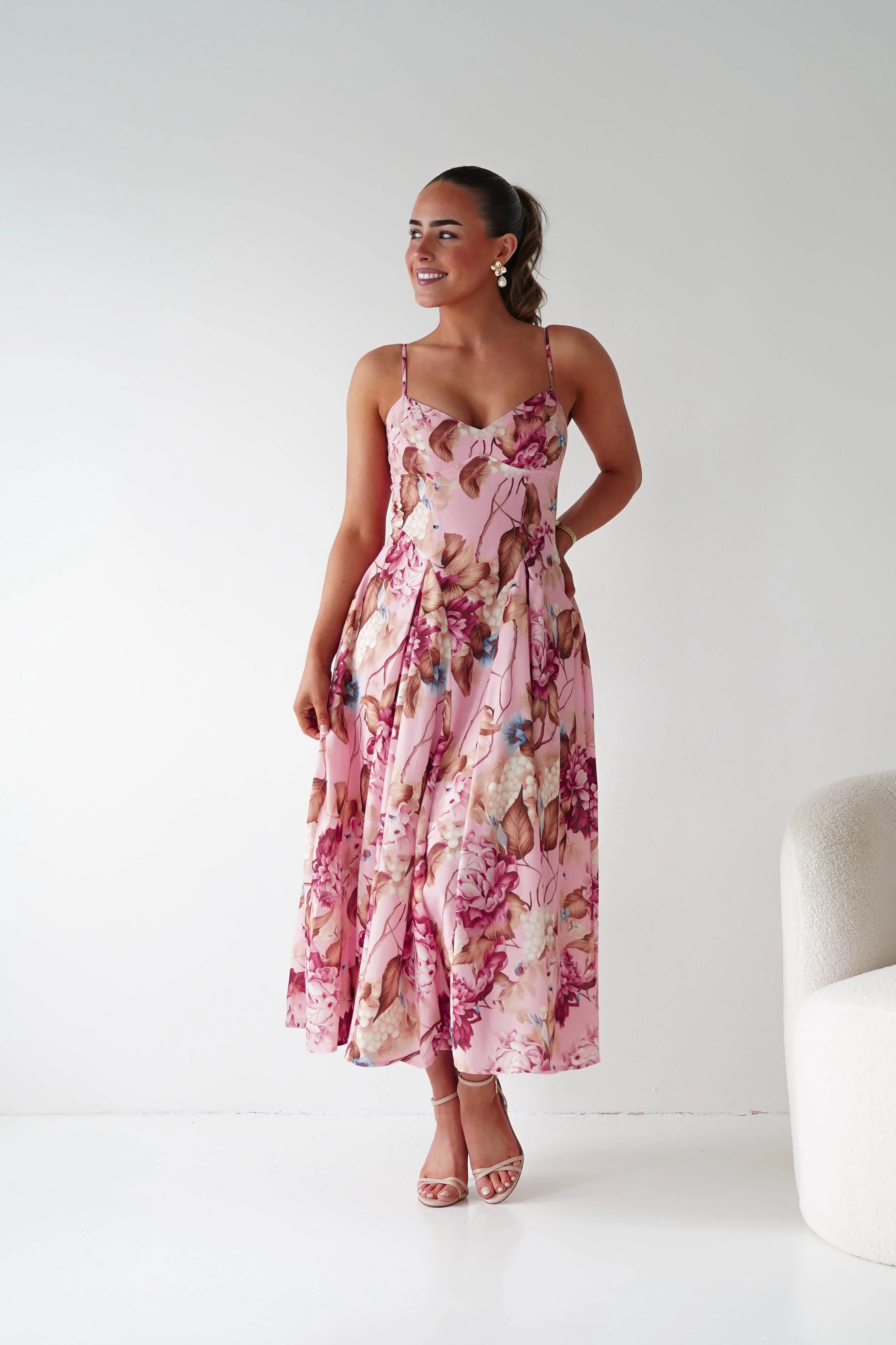 Karissa Floral Print Sweetheart Midi Dress | Pink - Image 6