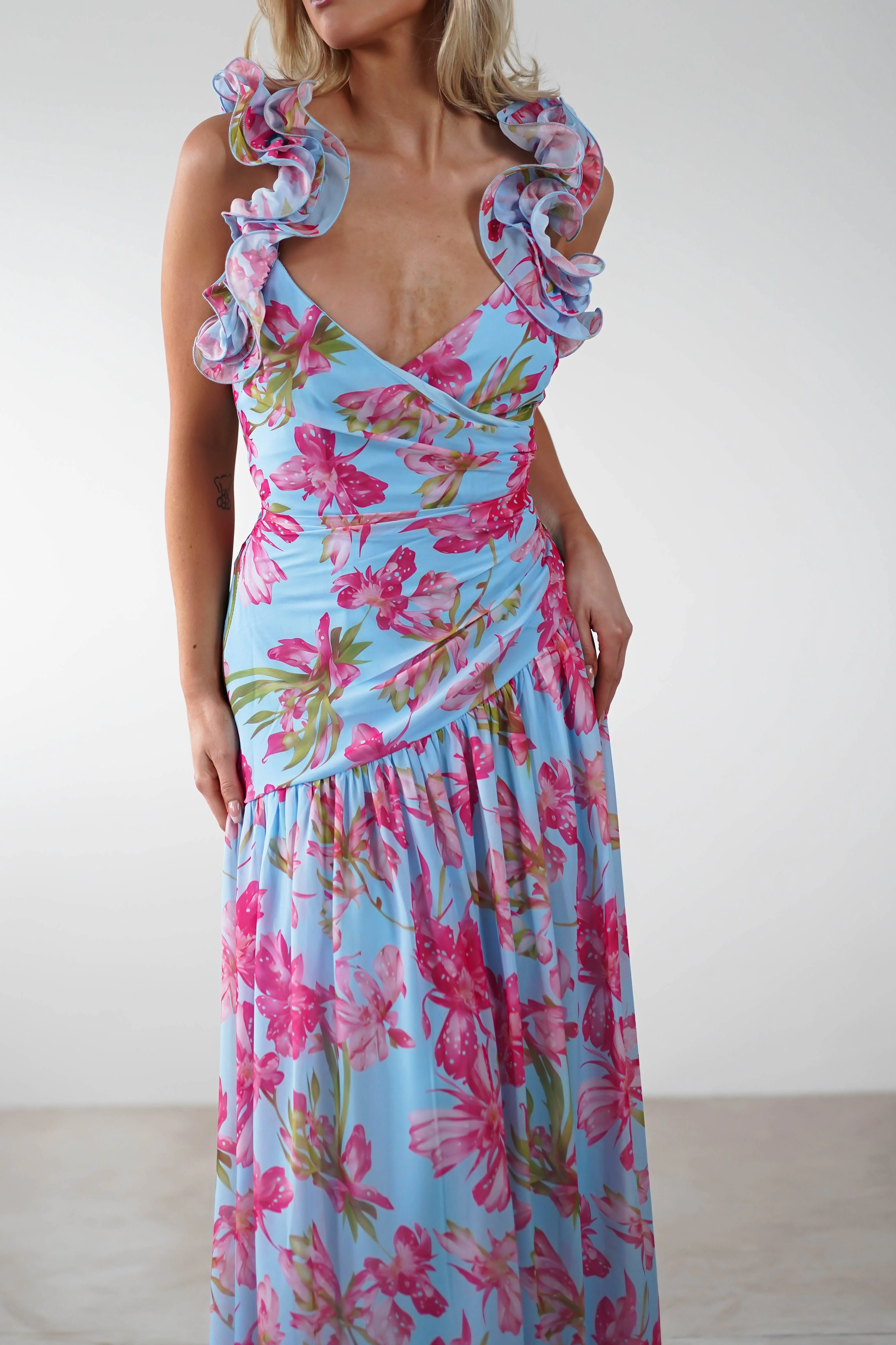 Karmen Ruffle Floral Midaxi Dress | Blue/Pink - Image 10