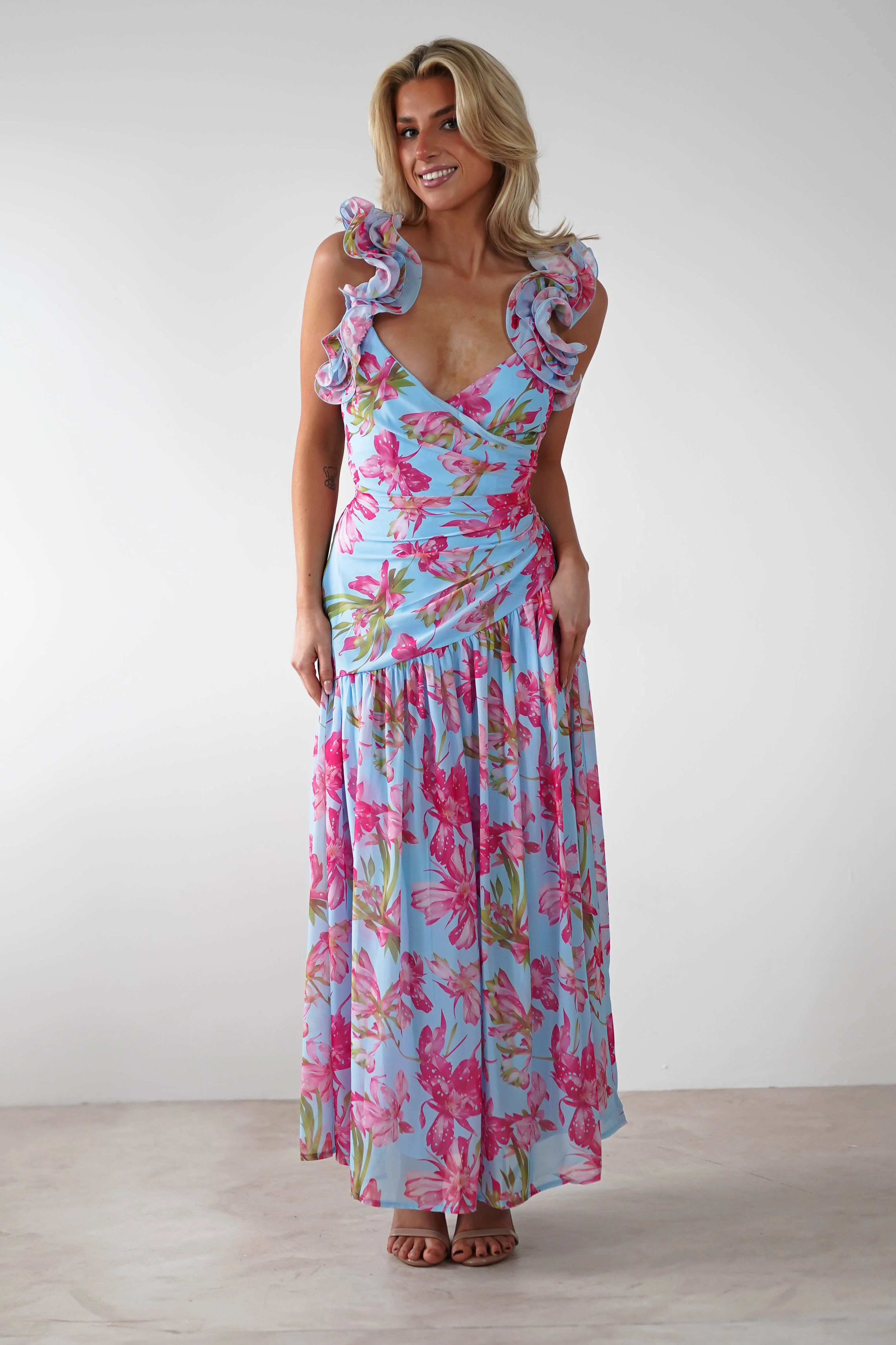 Karmen Ruffle Floral Midaxi Dress | Blue/Pink - Image 3