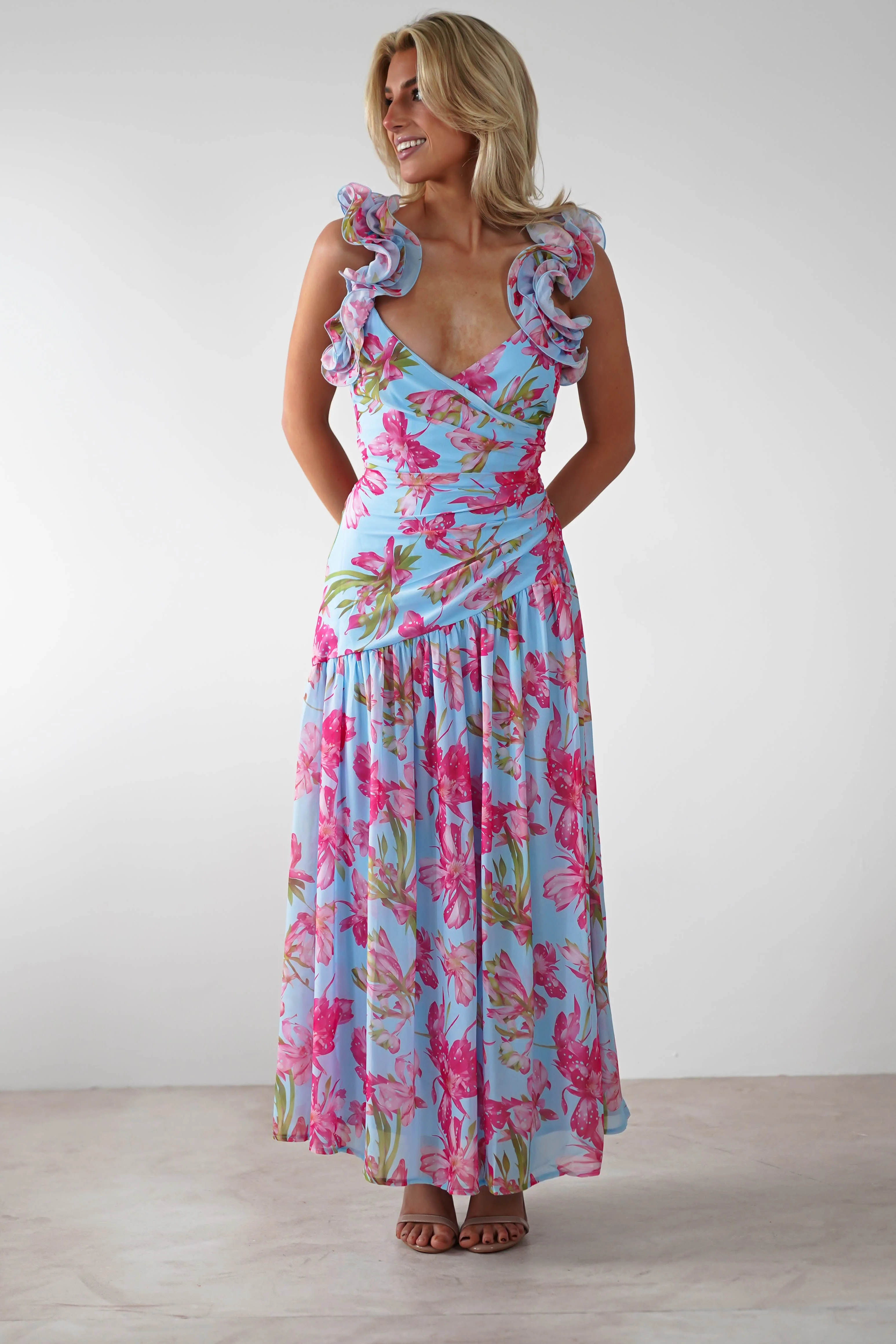 Karmen Ruffle Floral Midaxi Dress | Blue/Pink - Image 6