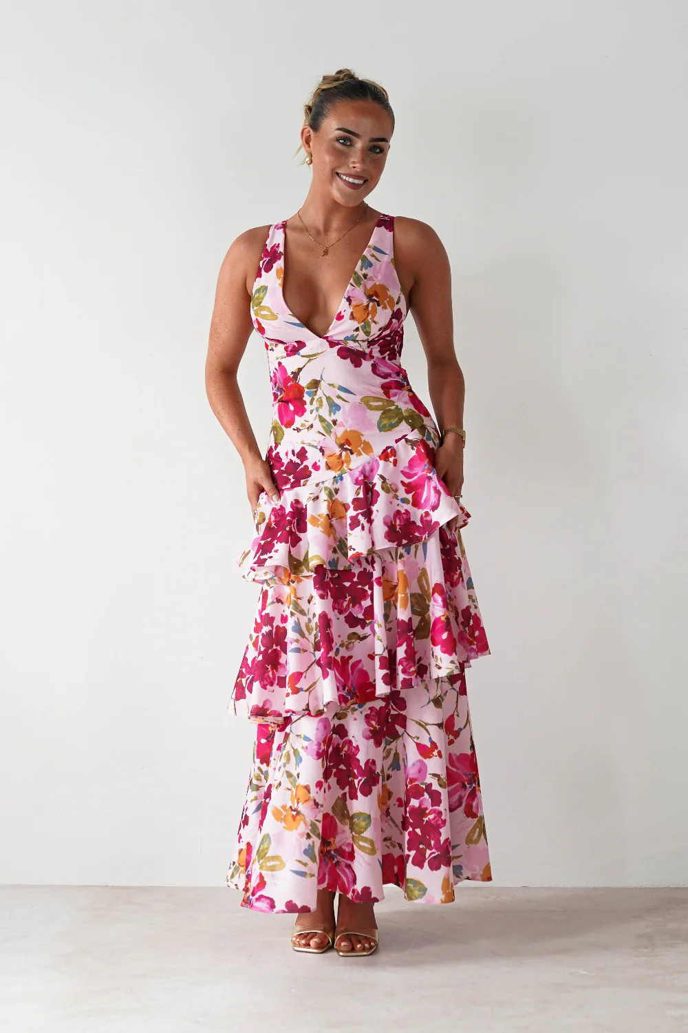 Katrina Floral Print Cotton Ruffle Maxi Dress | Pink