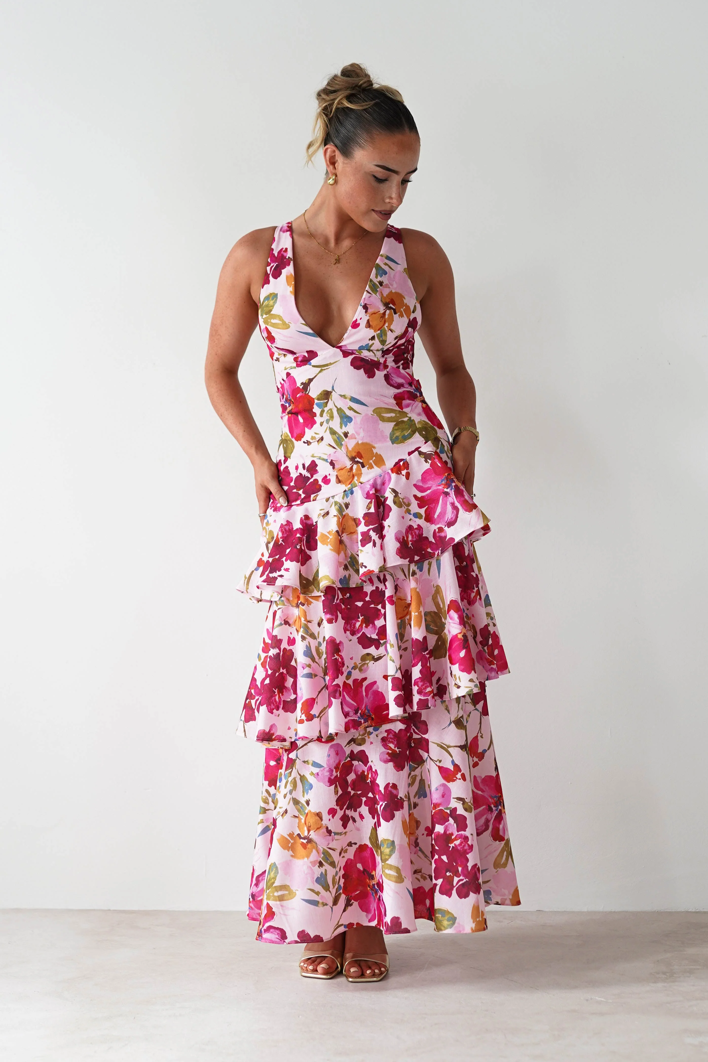 Katrina Floral Print Cotton Ruffle Maxi Dress | Pink - Image 3