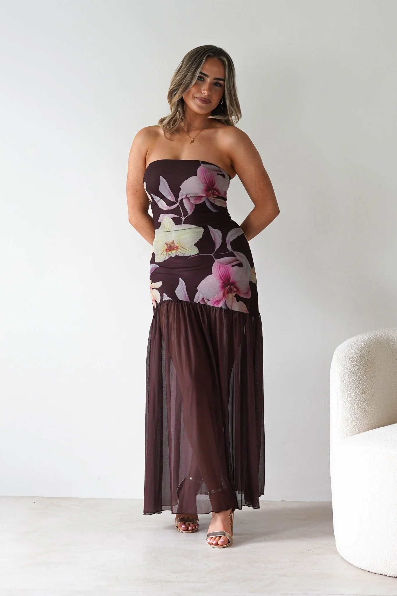 Khalani Strapless Midaxi Dress | Brown Floral
