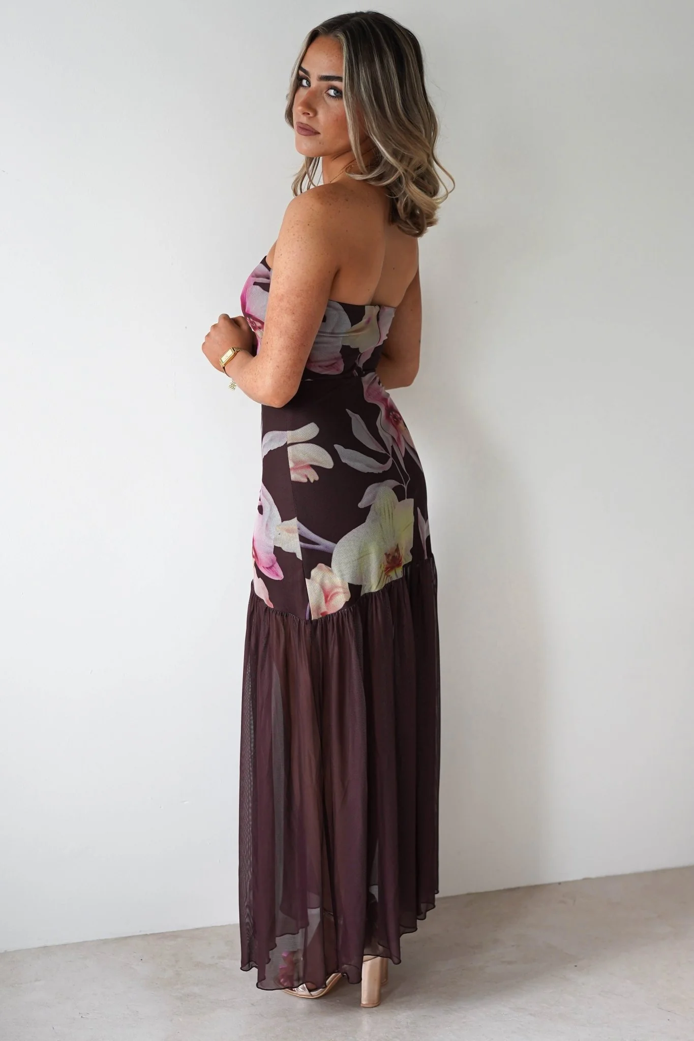 Khalani Strapless Midaxi Dress | Brown Floral - Image 2