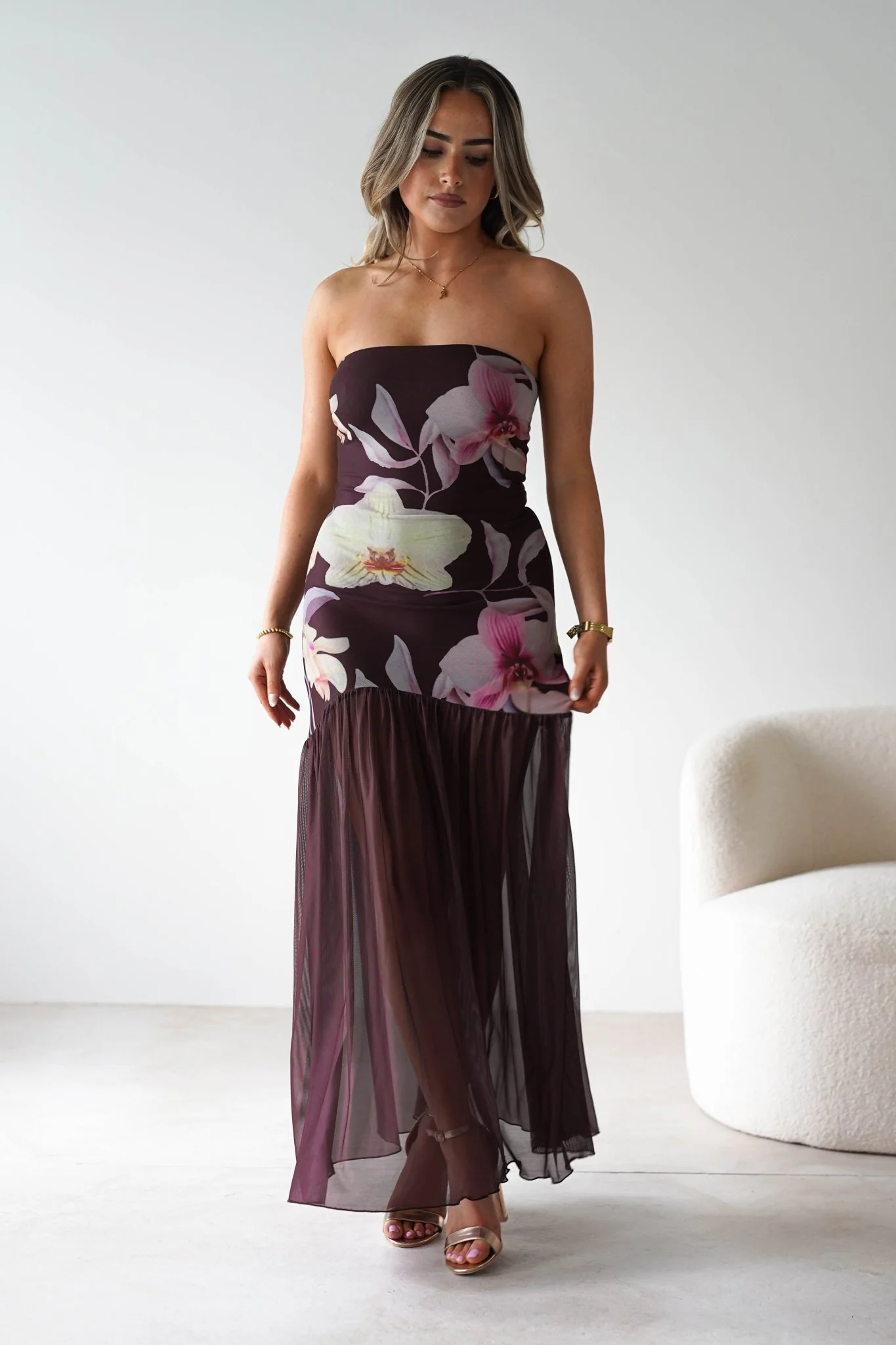 Khalani Strapless Midaxi Dress | Brown Floral - Image 3