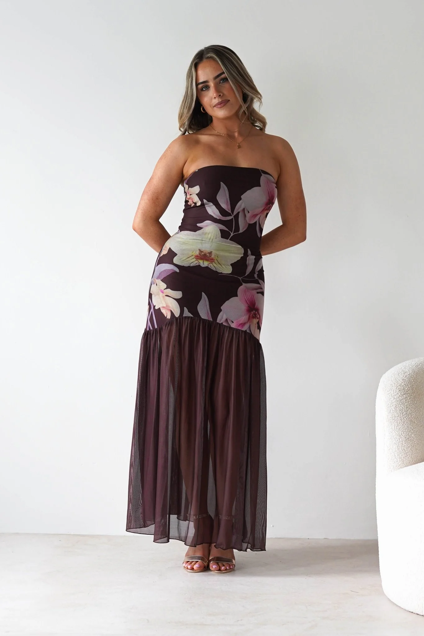 Khalani Strapless Midaxi Dress | Brown Floral - Image 5