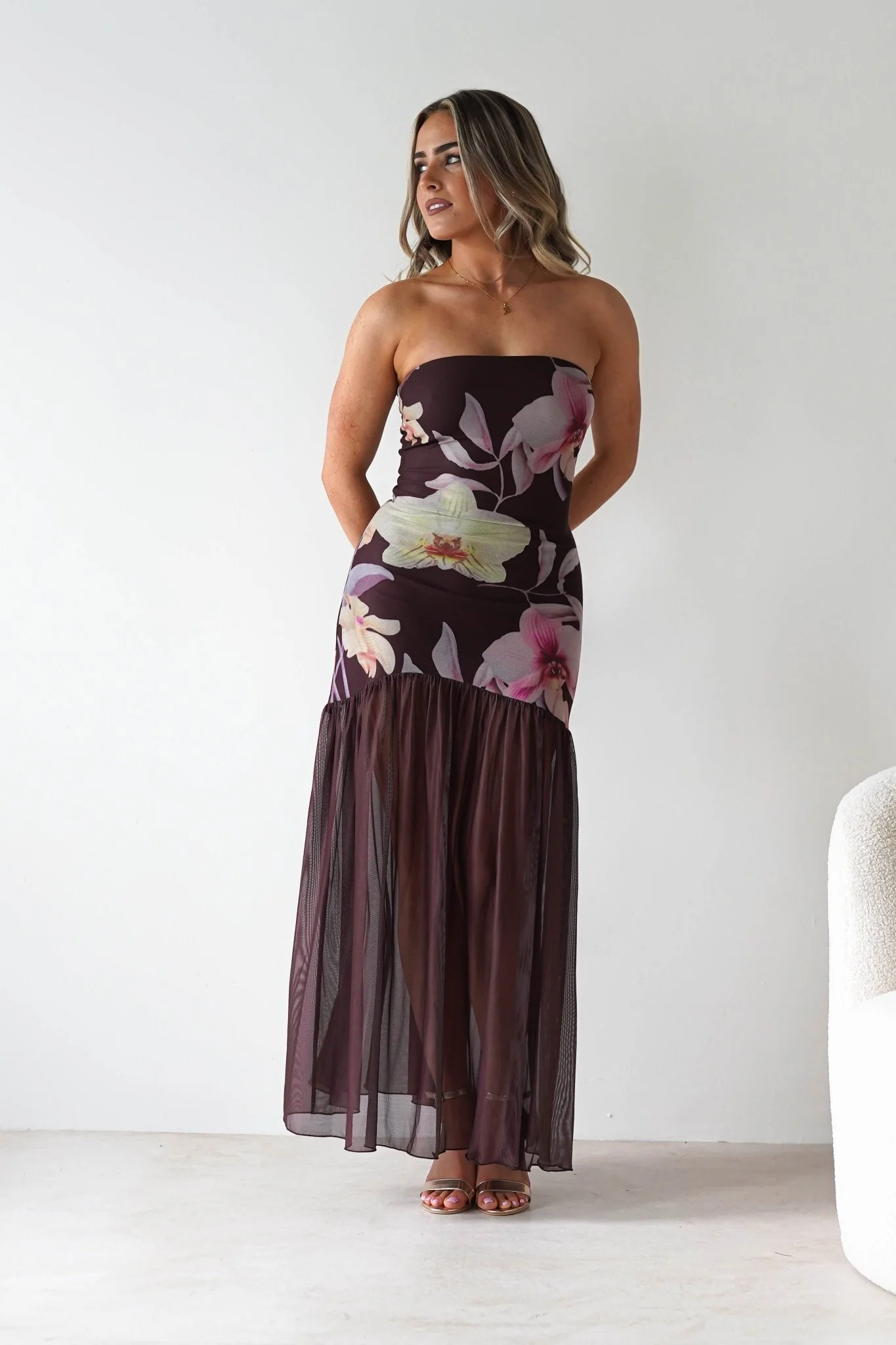 Khalani Strapless Midaxi Dress | Brown Floral - Image 6