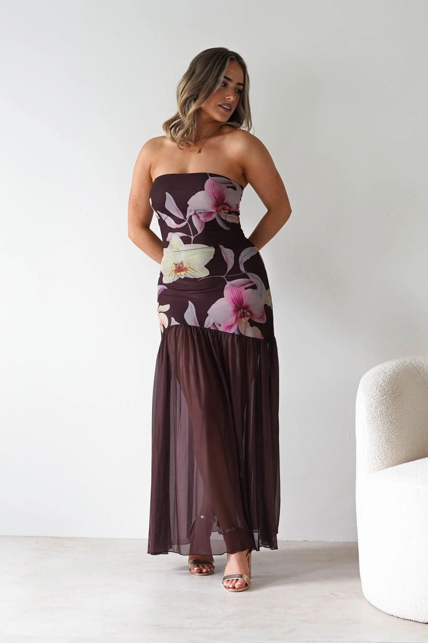 Khalani Strapless Midaxi Dress | Brown Floral - Image 7