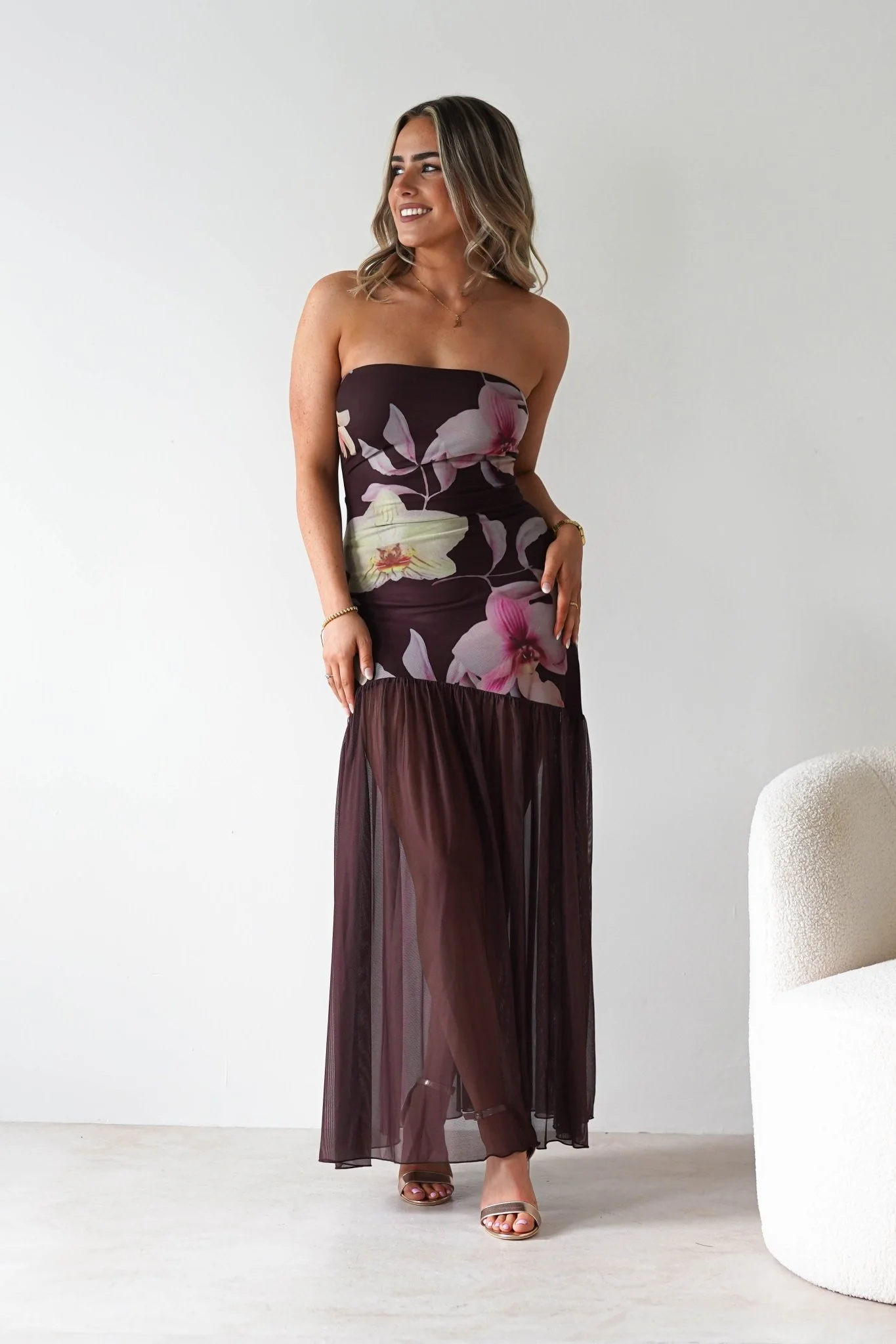 Khalani Strapless Midaxi Dress | Brown Floral - Image 8