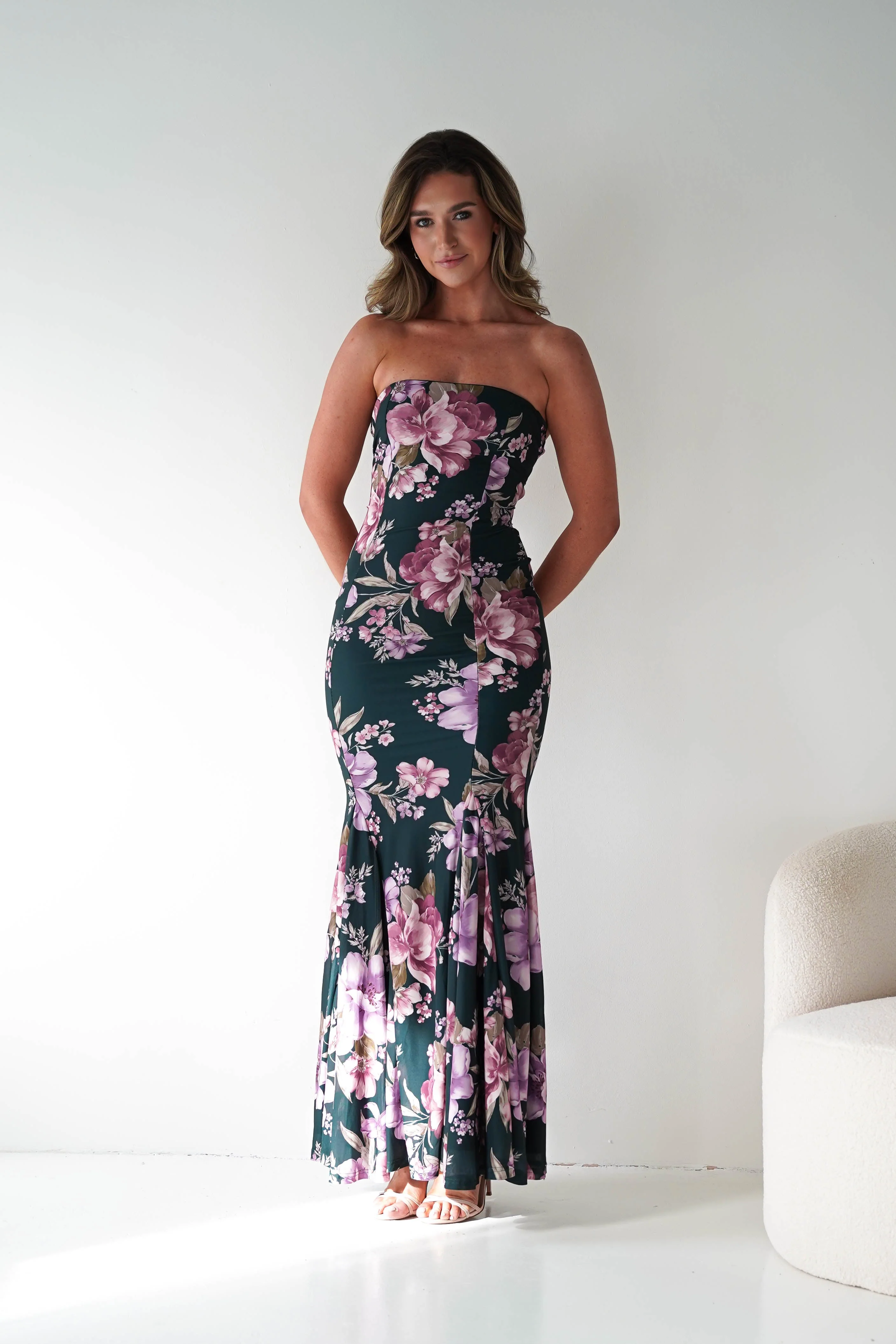 Lara Strapless Bodycon Floral Maxi Dress | Green - Image 4