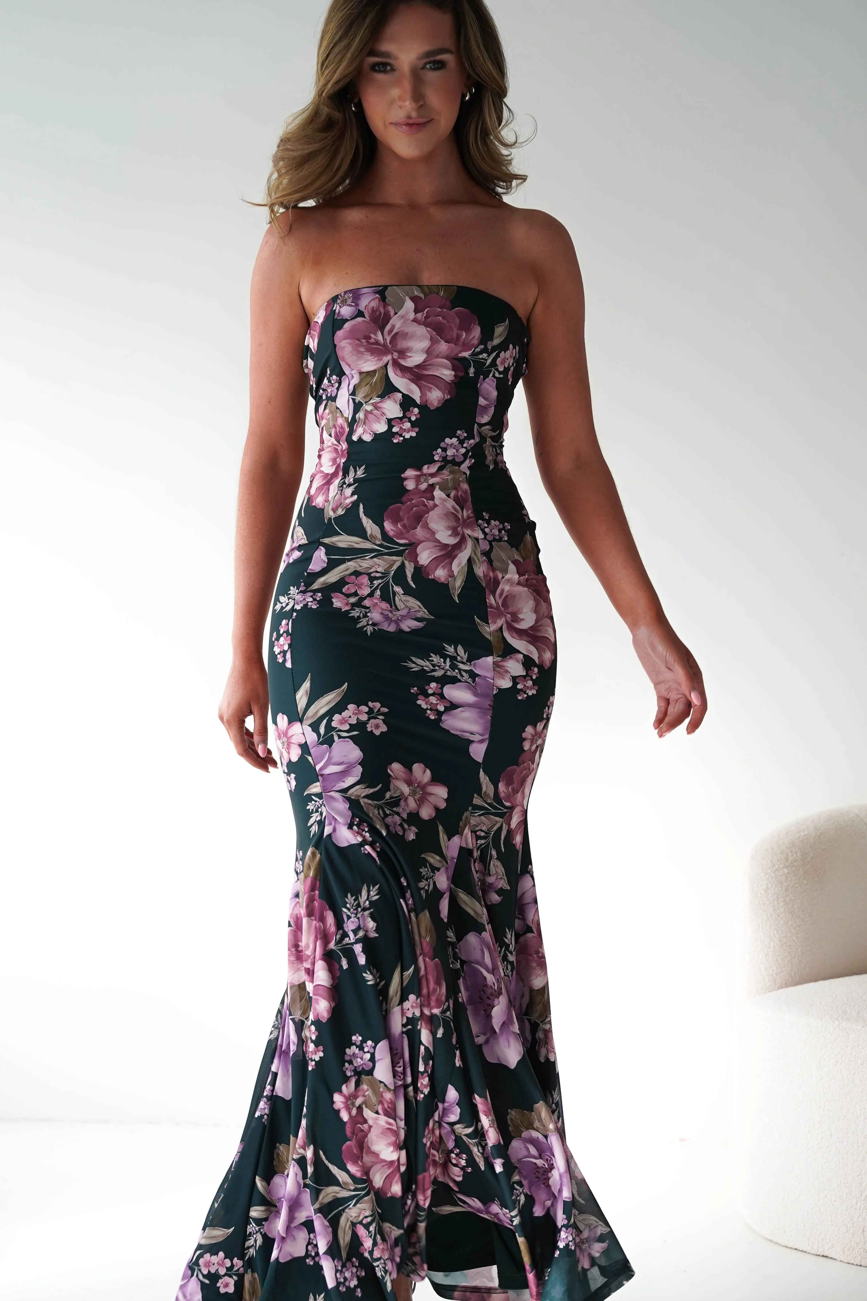 Lara Strapless Bodycon Floral Maxi Dress | Green - Image 5