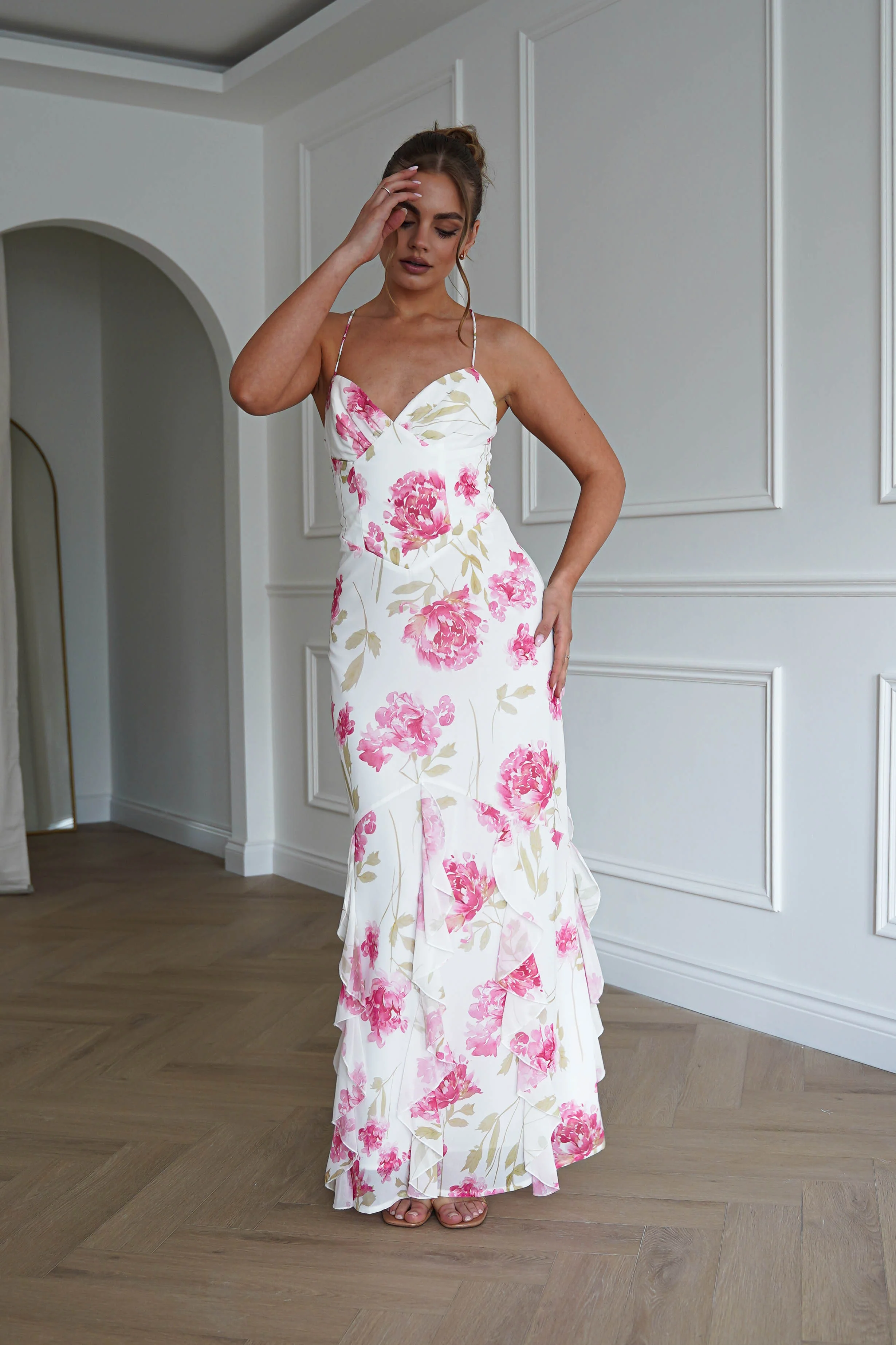 Loralie Floral Ruffle Hem Maxi Dress | White/Pink