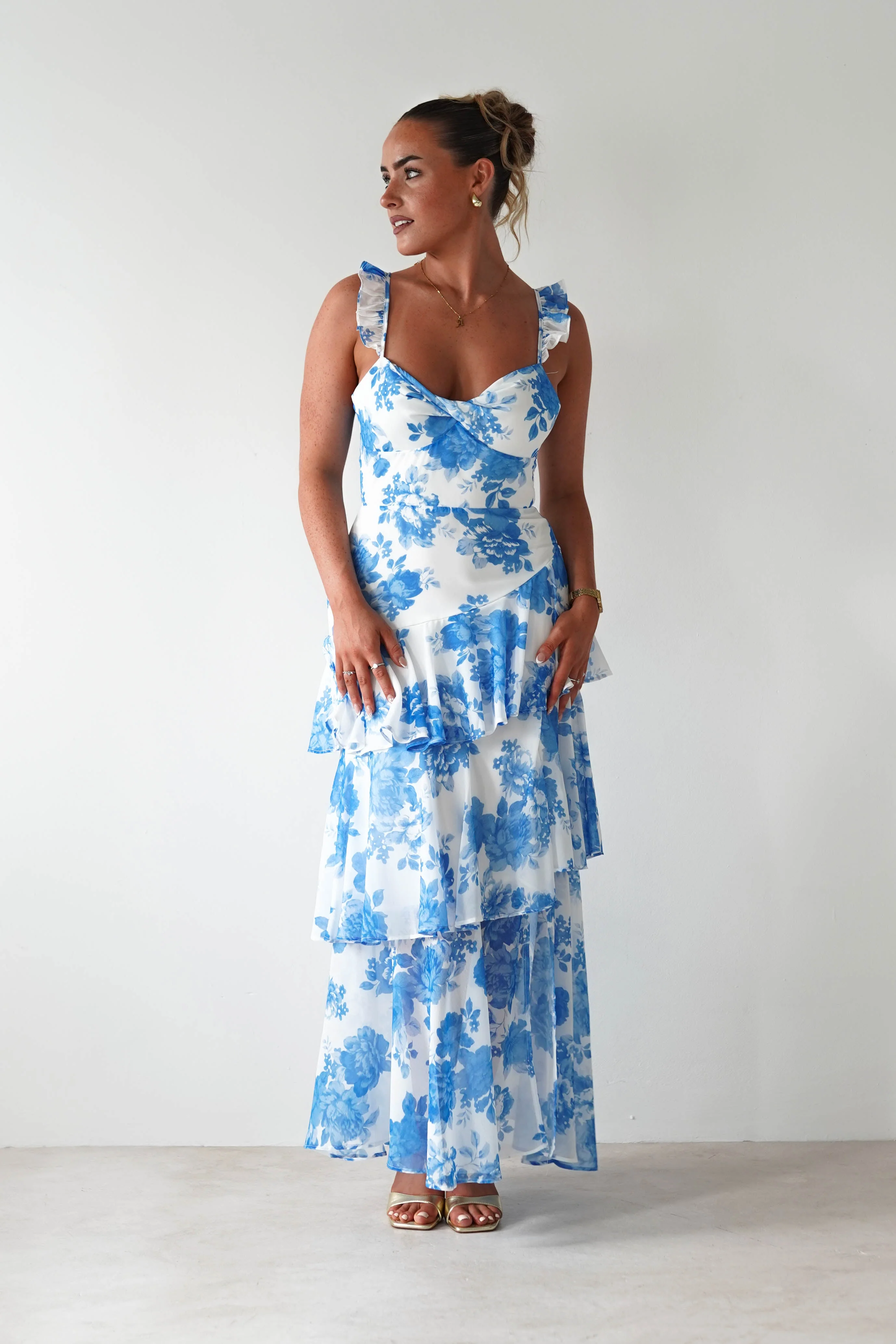 Madrid Ruffle Floral Maxi Dress | Blue - Image 3
