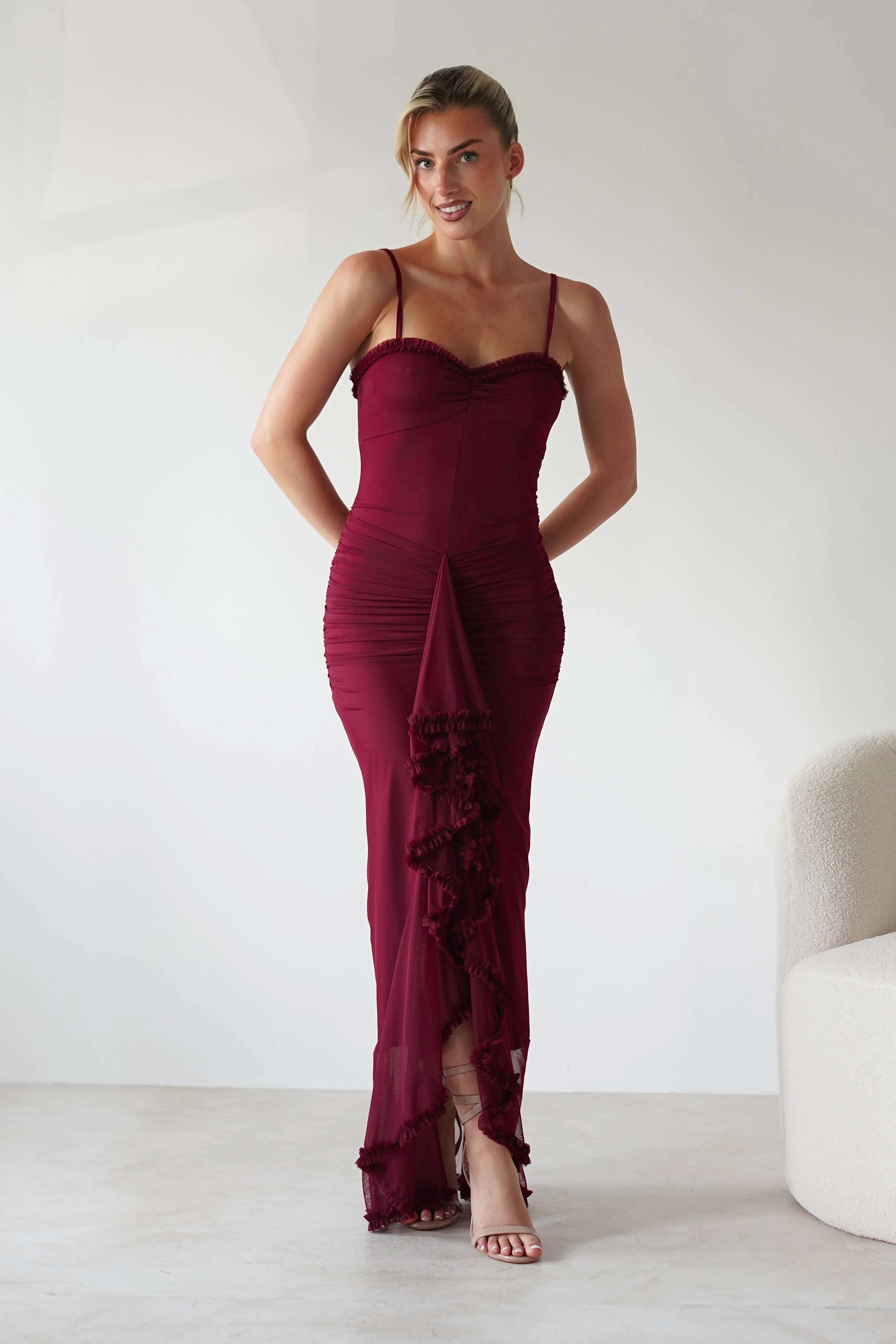 Manuella Mesh Bodycon Midaxi Dress | Burgundy