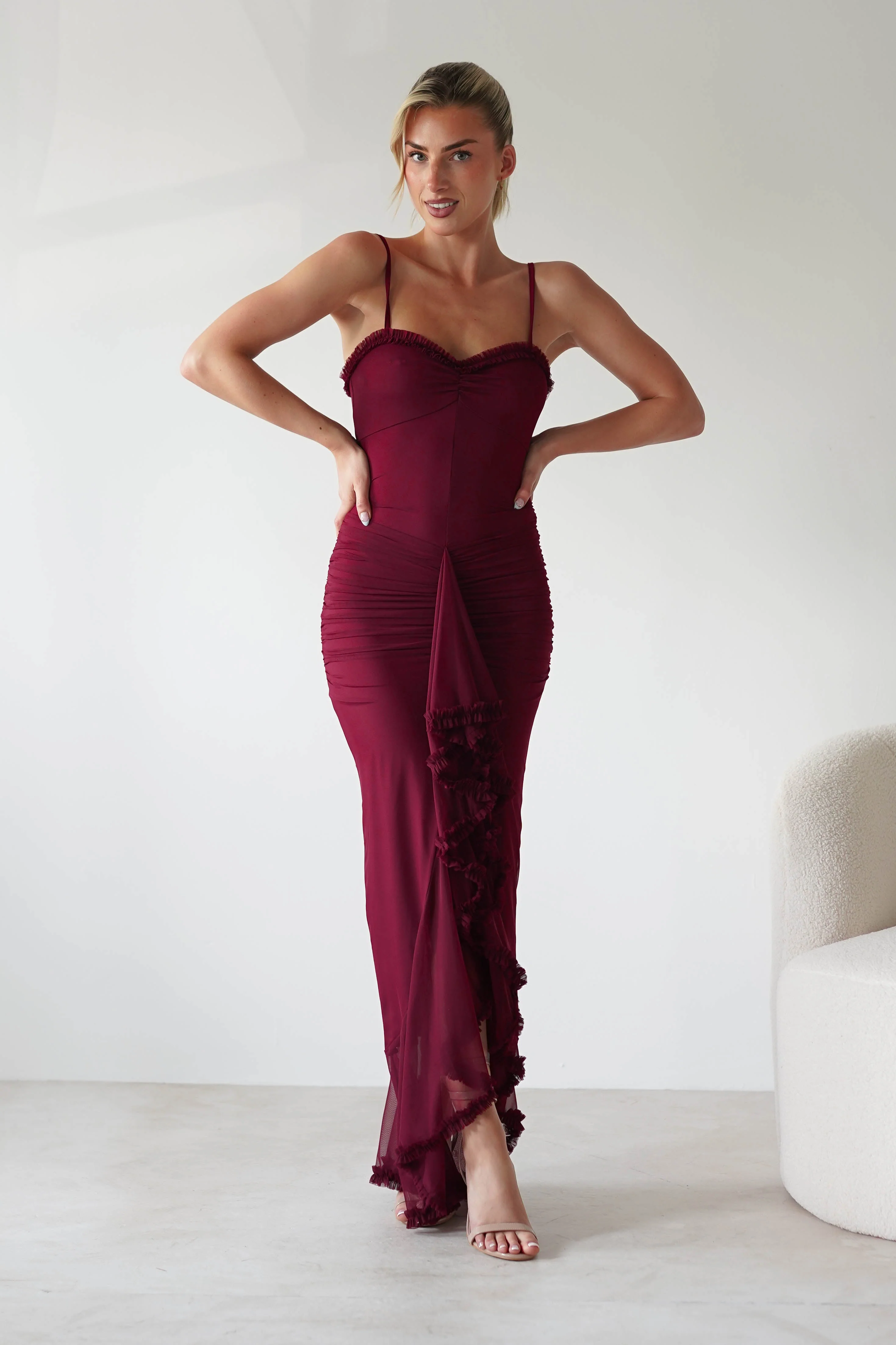 Manuella Mesh Bodycon Midaxi Dress | Burgundy - Image 2