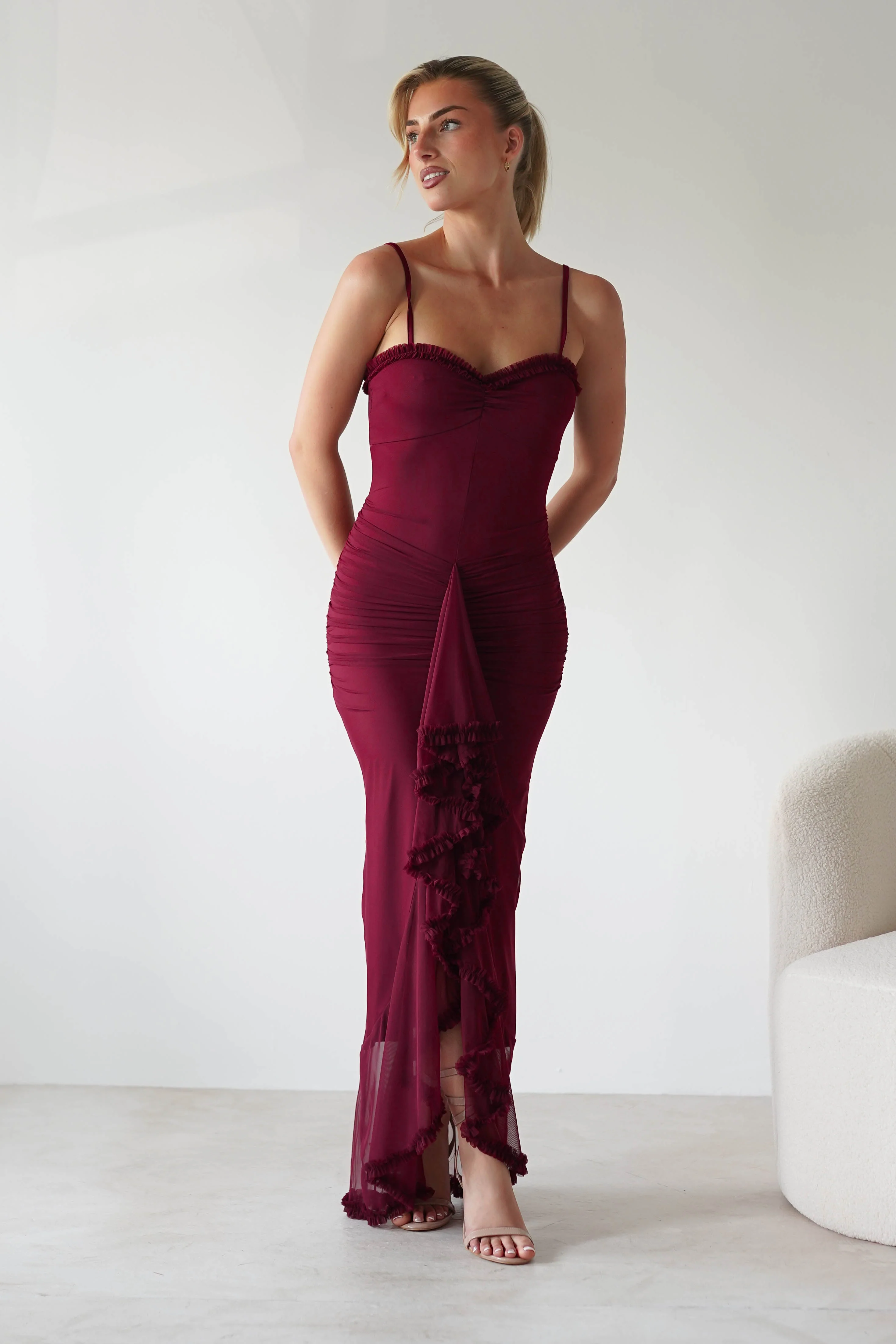 Manuella Mesh Bodycon Midaxi Dress | Burgundy - Image 3