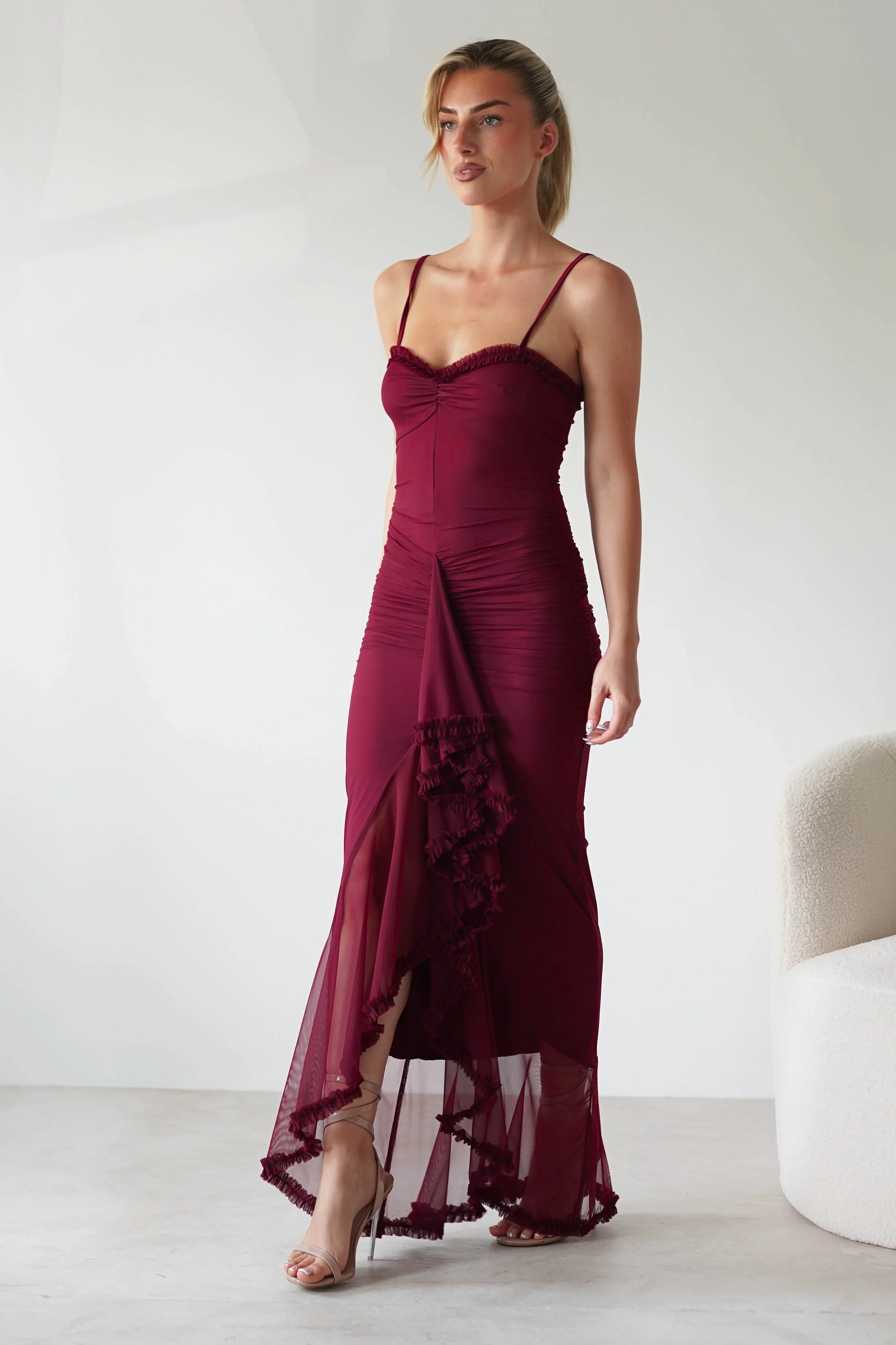 Manuella Mesh Bodycon Midaxi Dress | Burgundy - Image 4