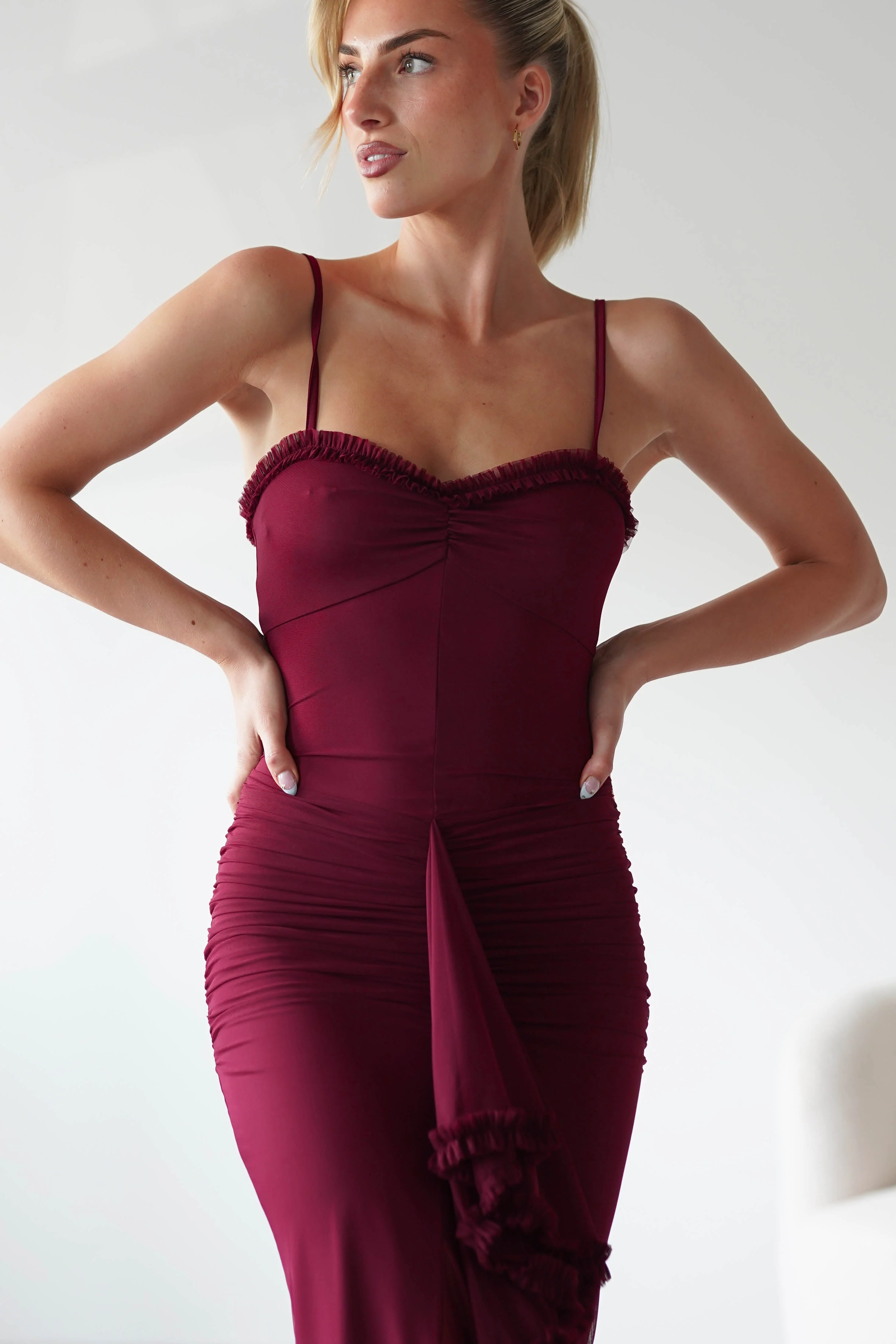 Manuella Mesh Bodycon Midaxi Dress | Burgundy - Image 5