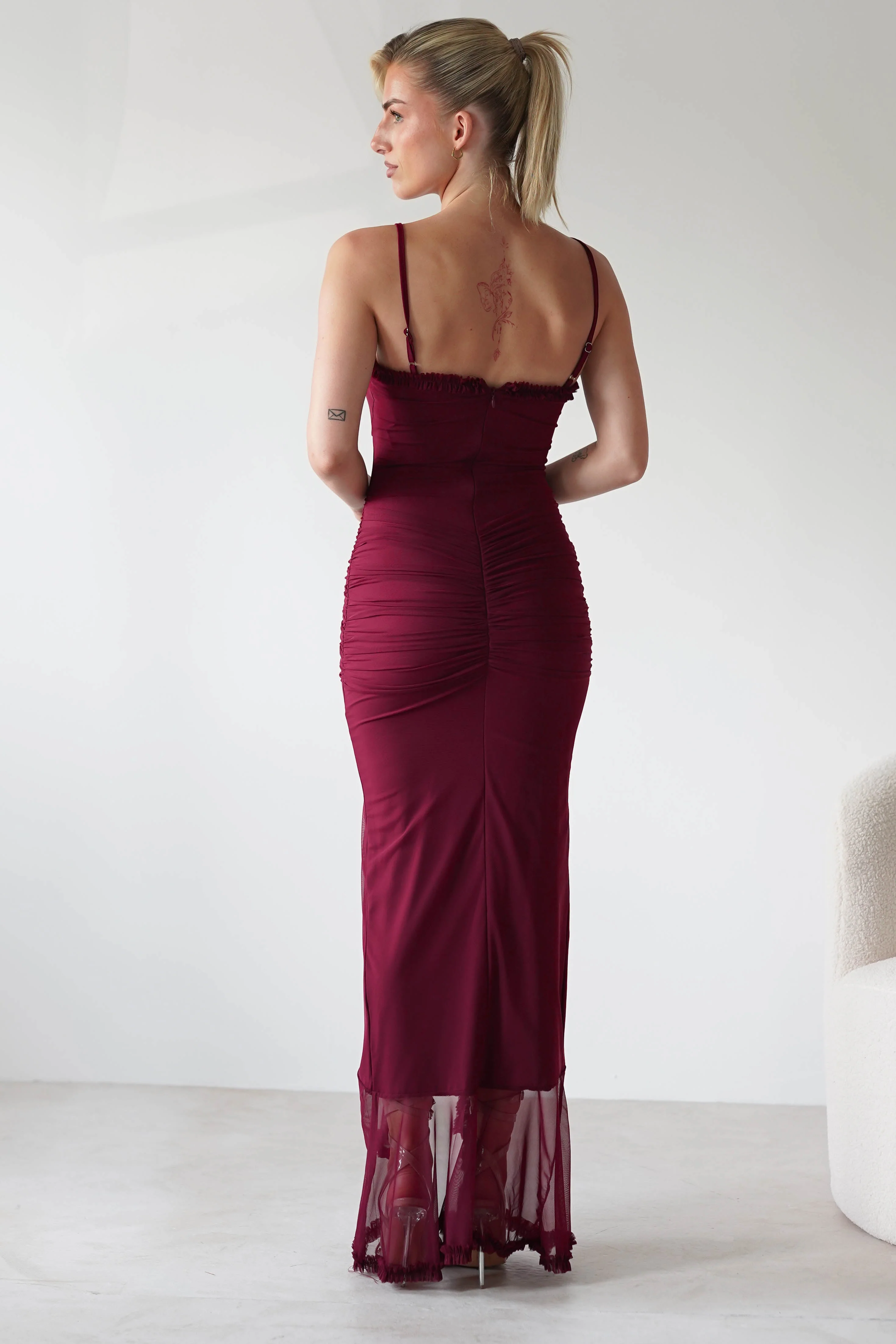 Manuella Mesh Bodycon Midaxi Dress | Burgundy - Image 6
