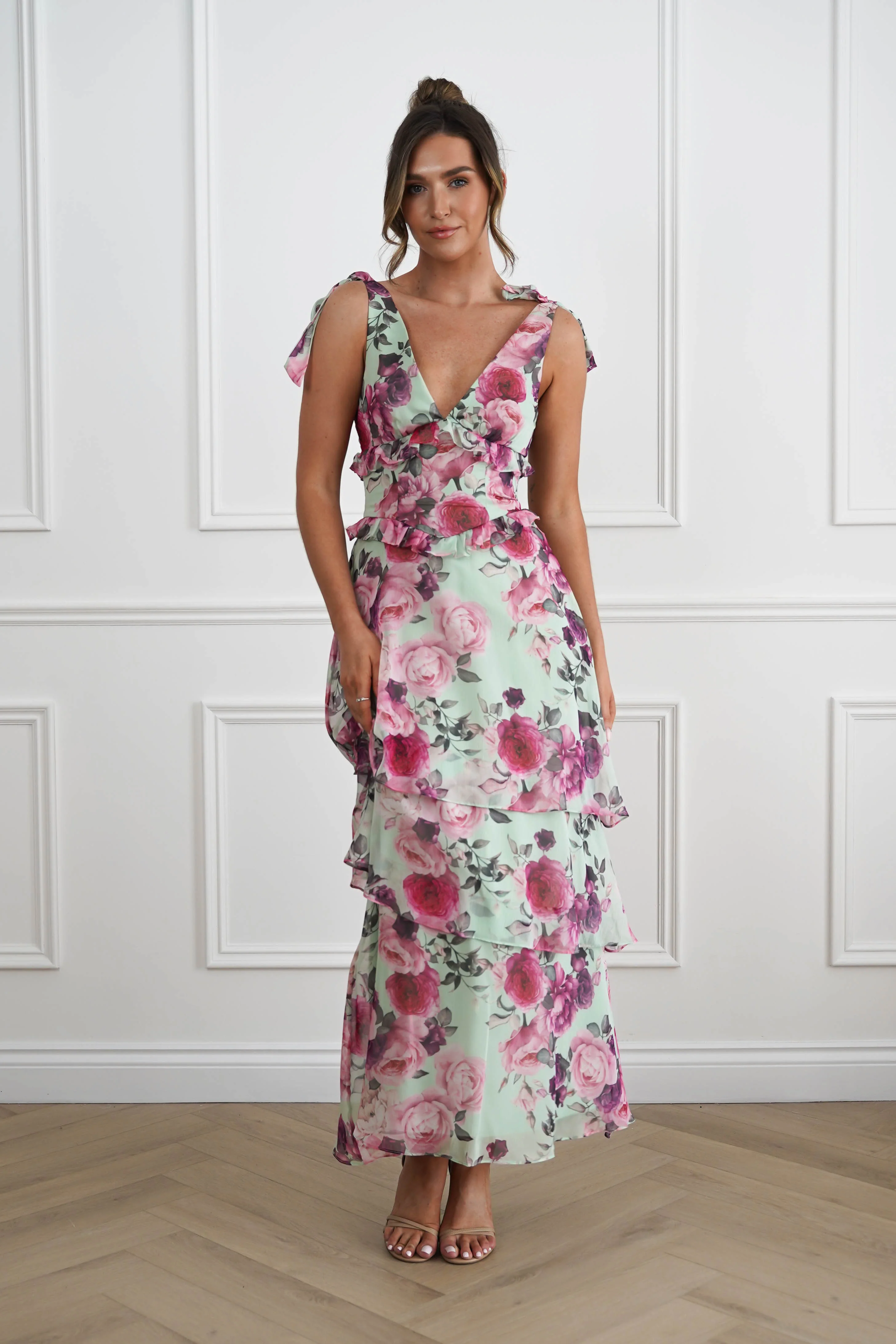 Marzia Floral Tiered Maxi Dress | Green/Pink