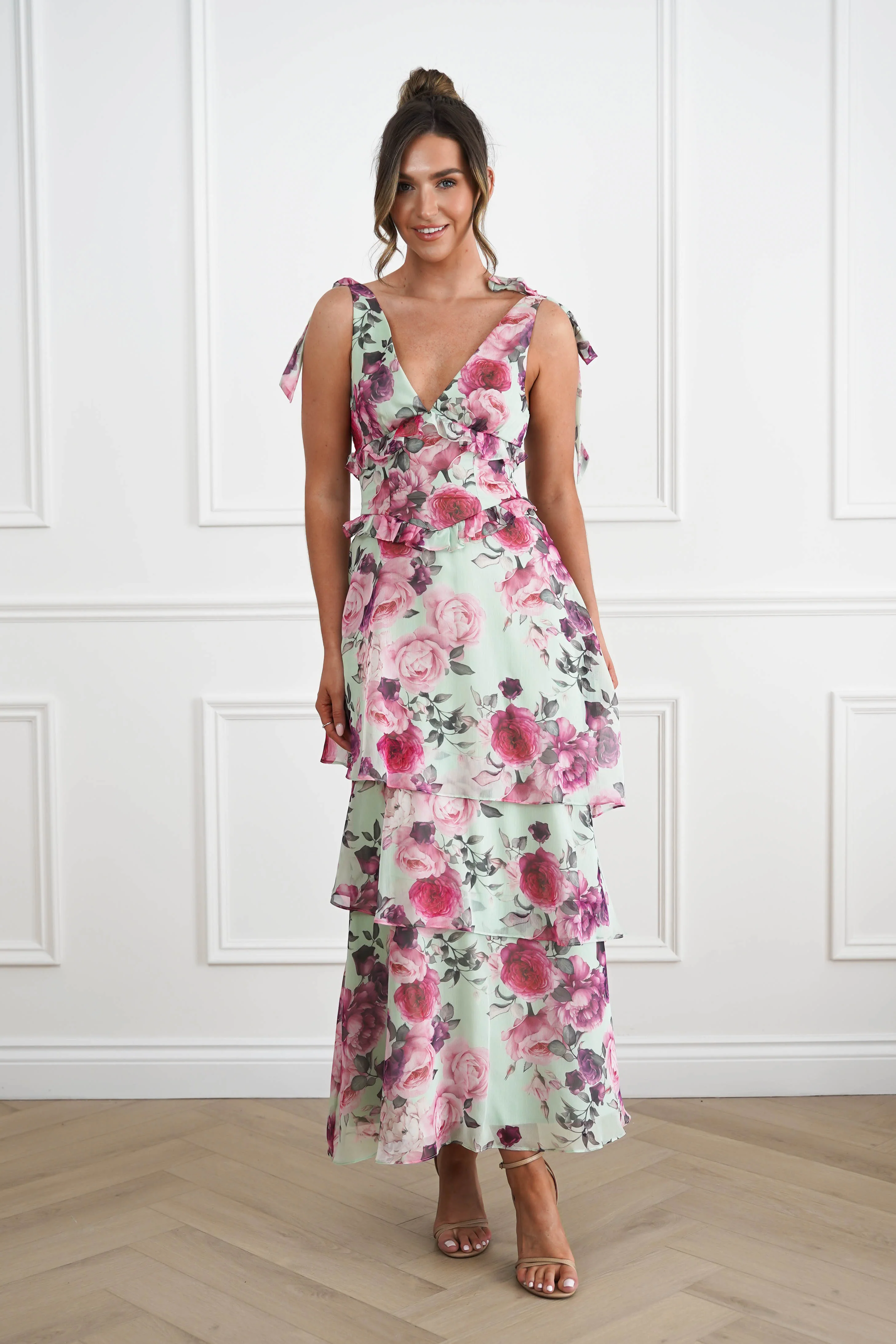 Marzia Floral Tiered Maxi Dress | Green/Pink - Image 2