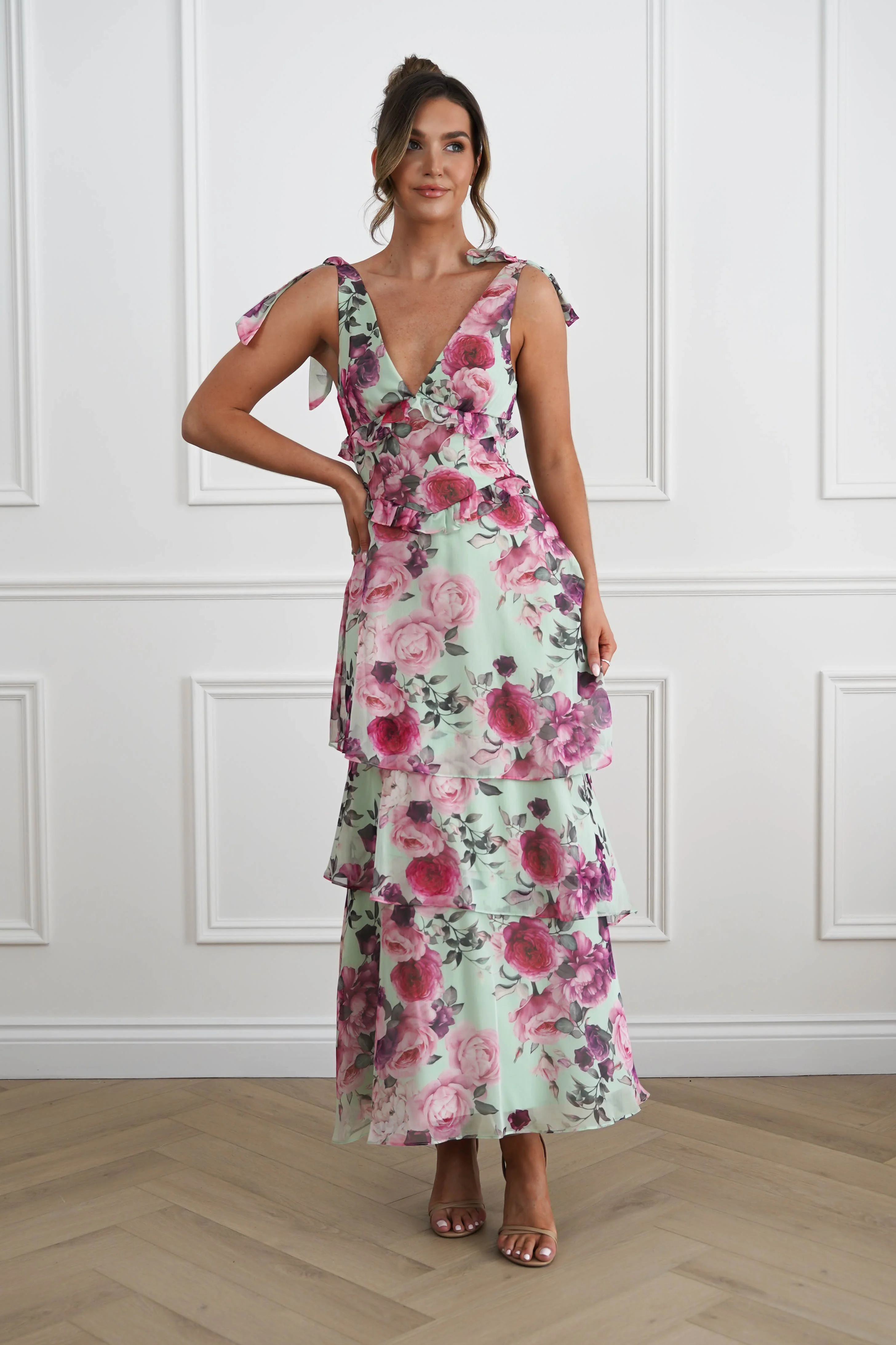 Marzia Floral Tiered Maxi Dress | Green/Pink - Image 3