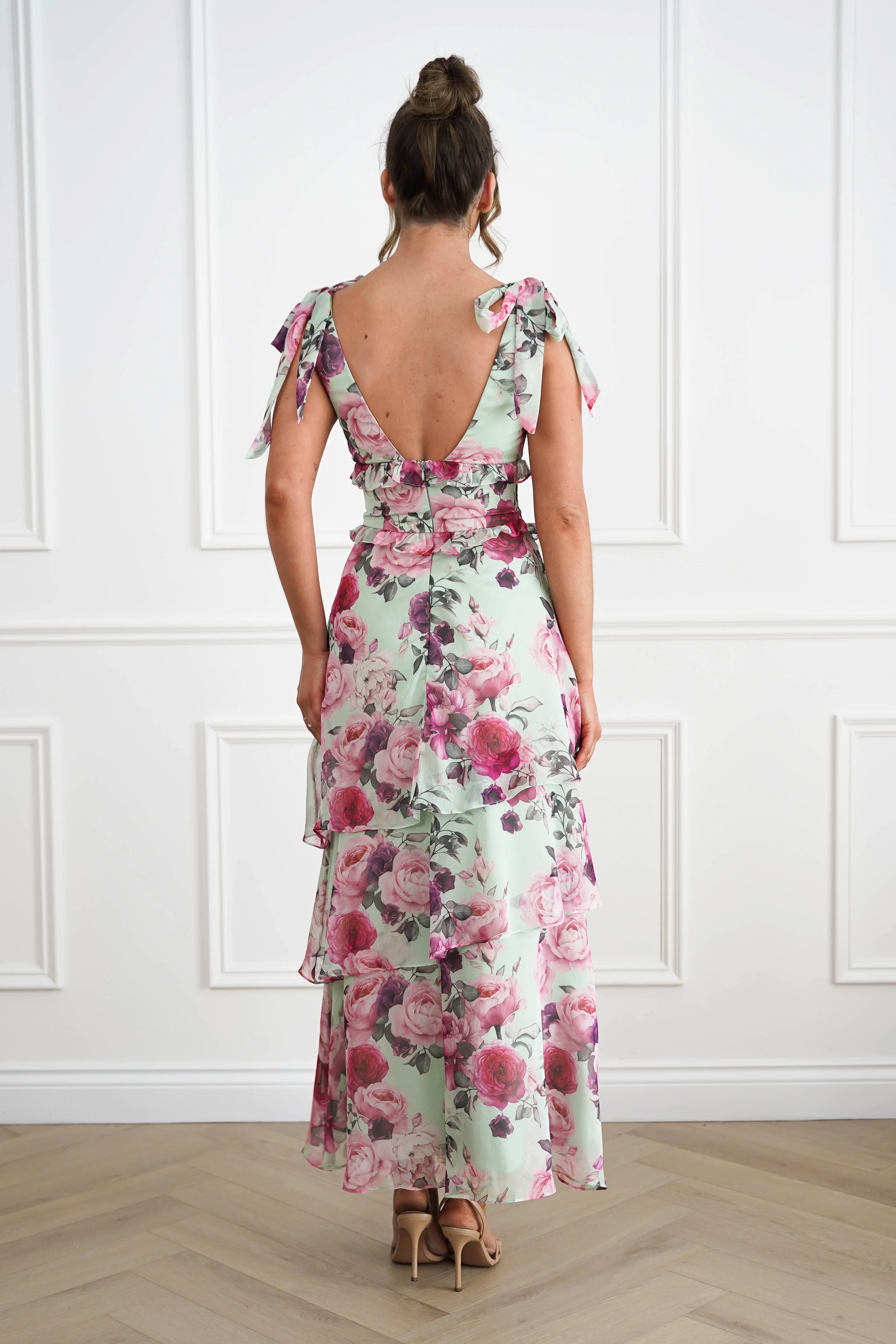 Marzia Floral Tiered Maxi Dress | Green/Pink - Image 4