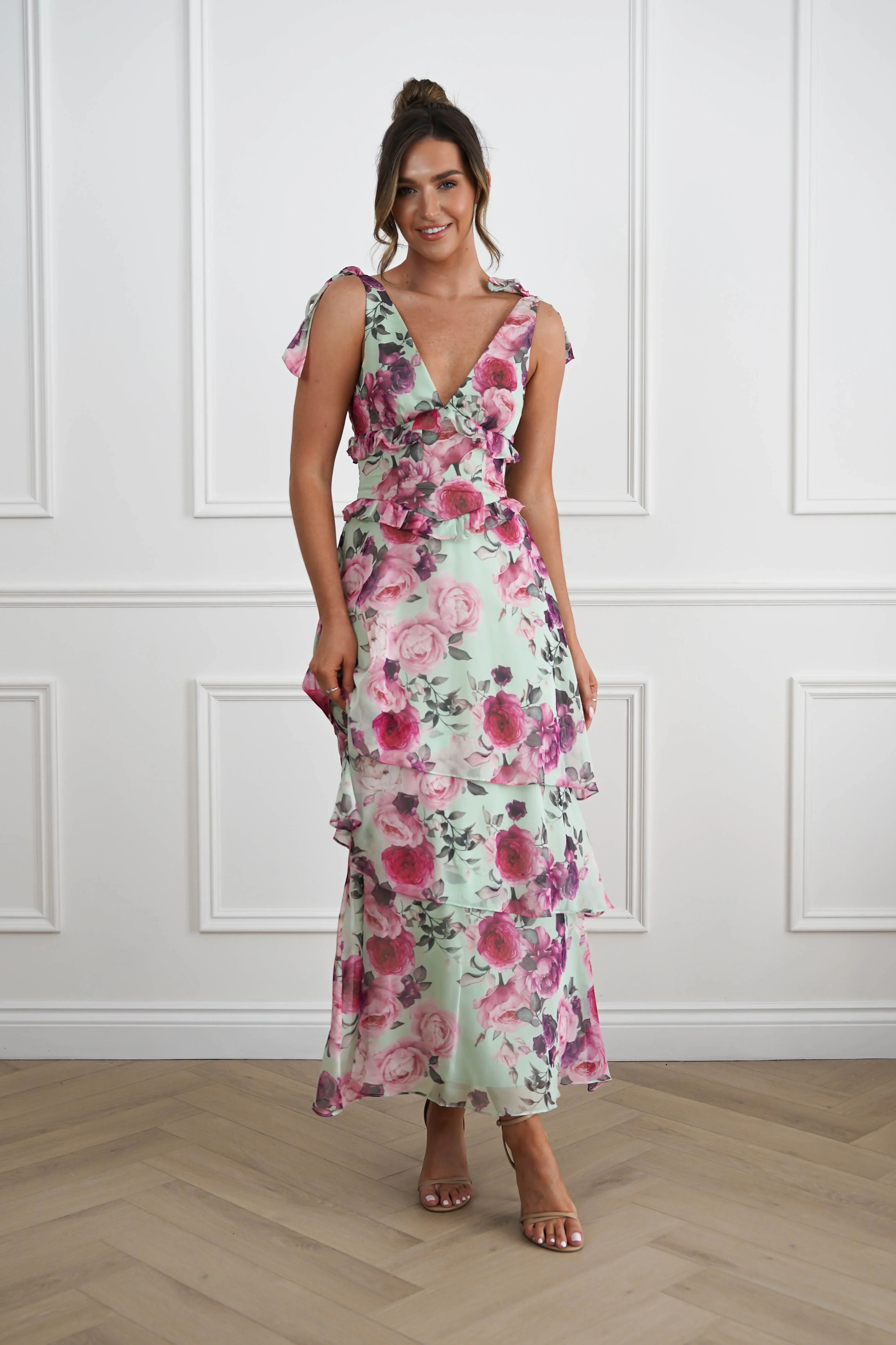 Marzia Floral Tiered Maxi Dress | Green/Pink - Image 5