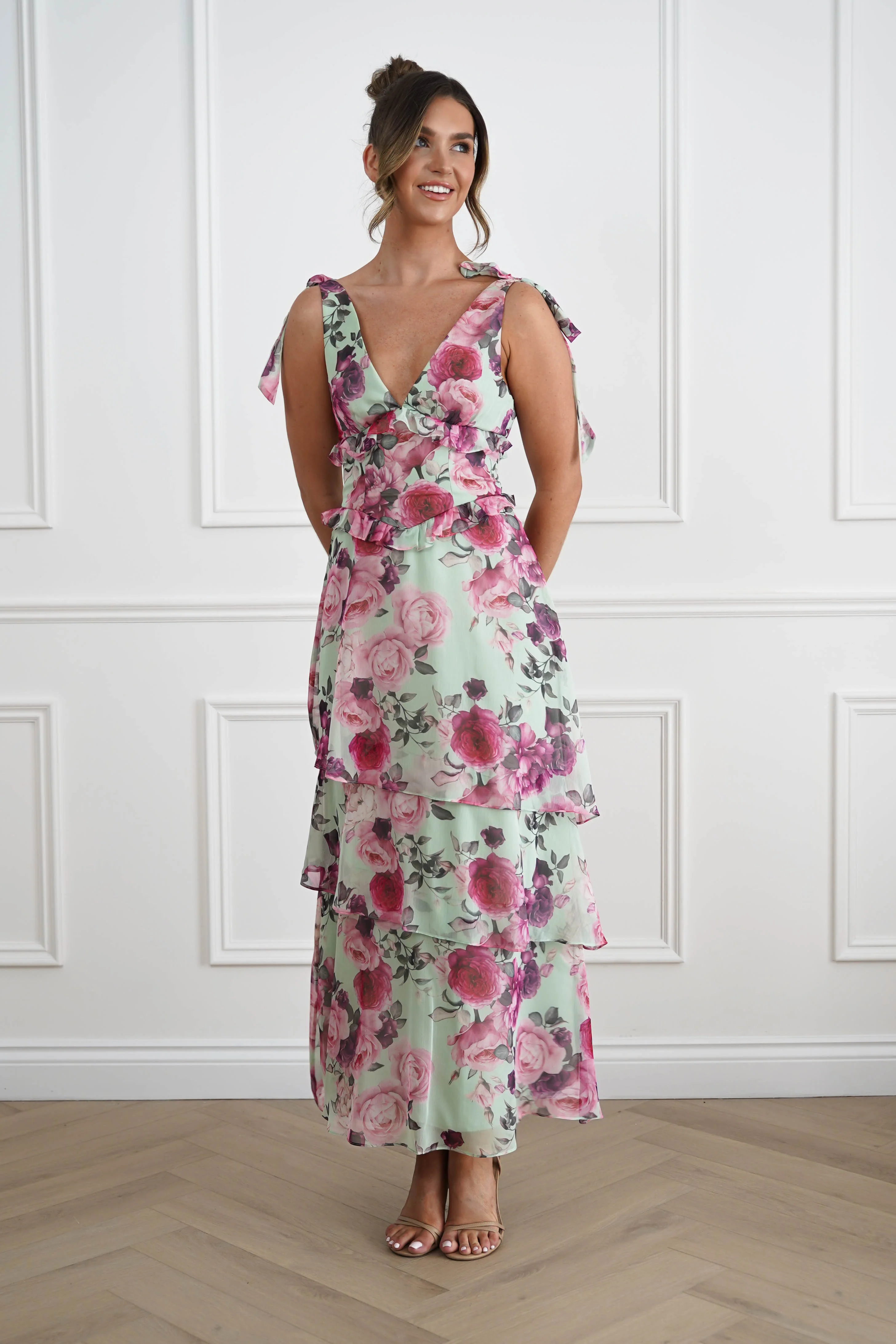 Marzia Floral Tiered Maxi Dress | Green/Pink - Image 6