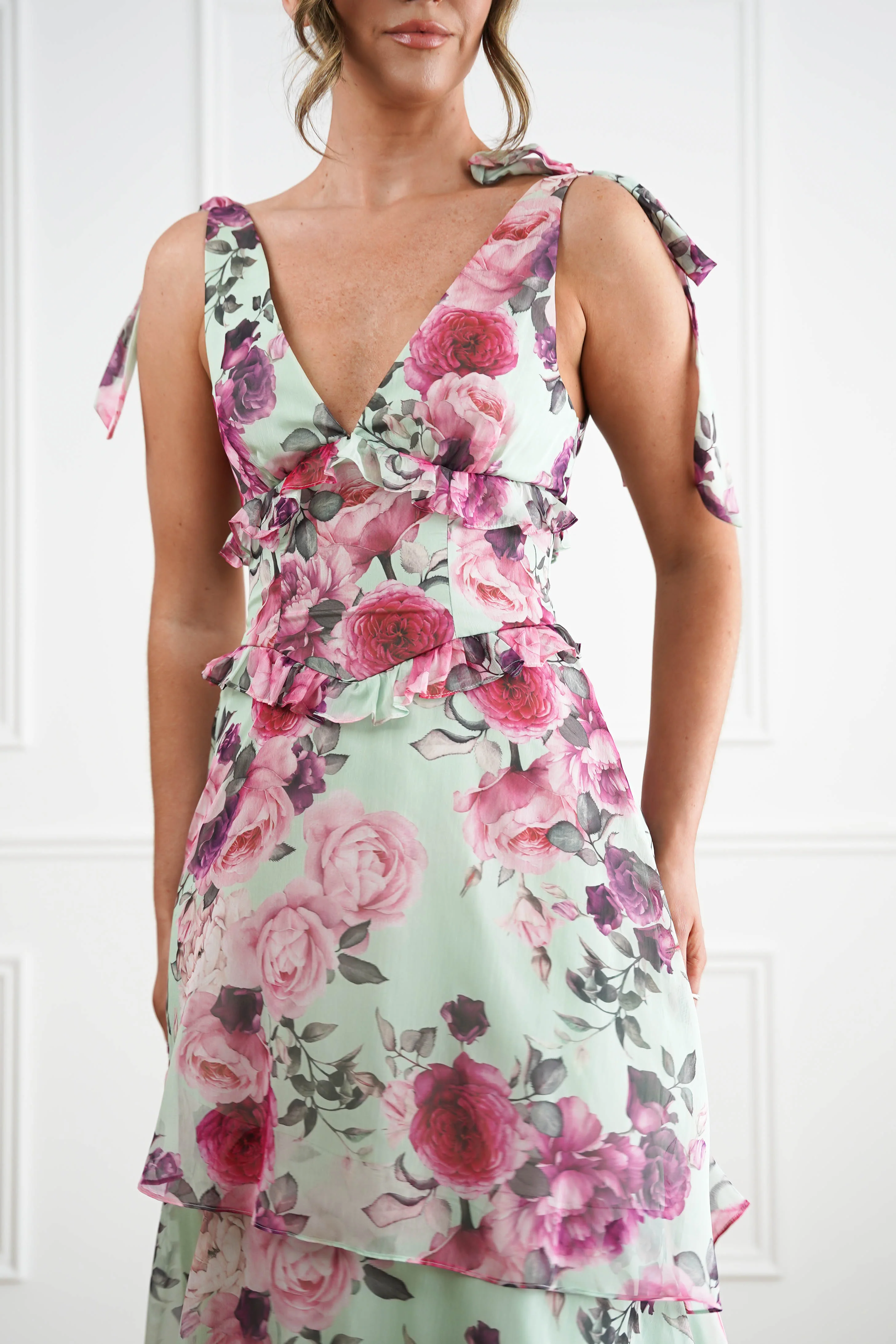 Marzia Floral Tiered Maxi Dress | Green/Pink - Image 7