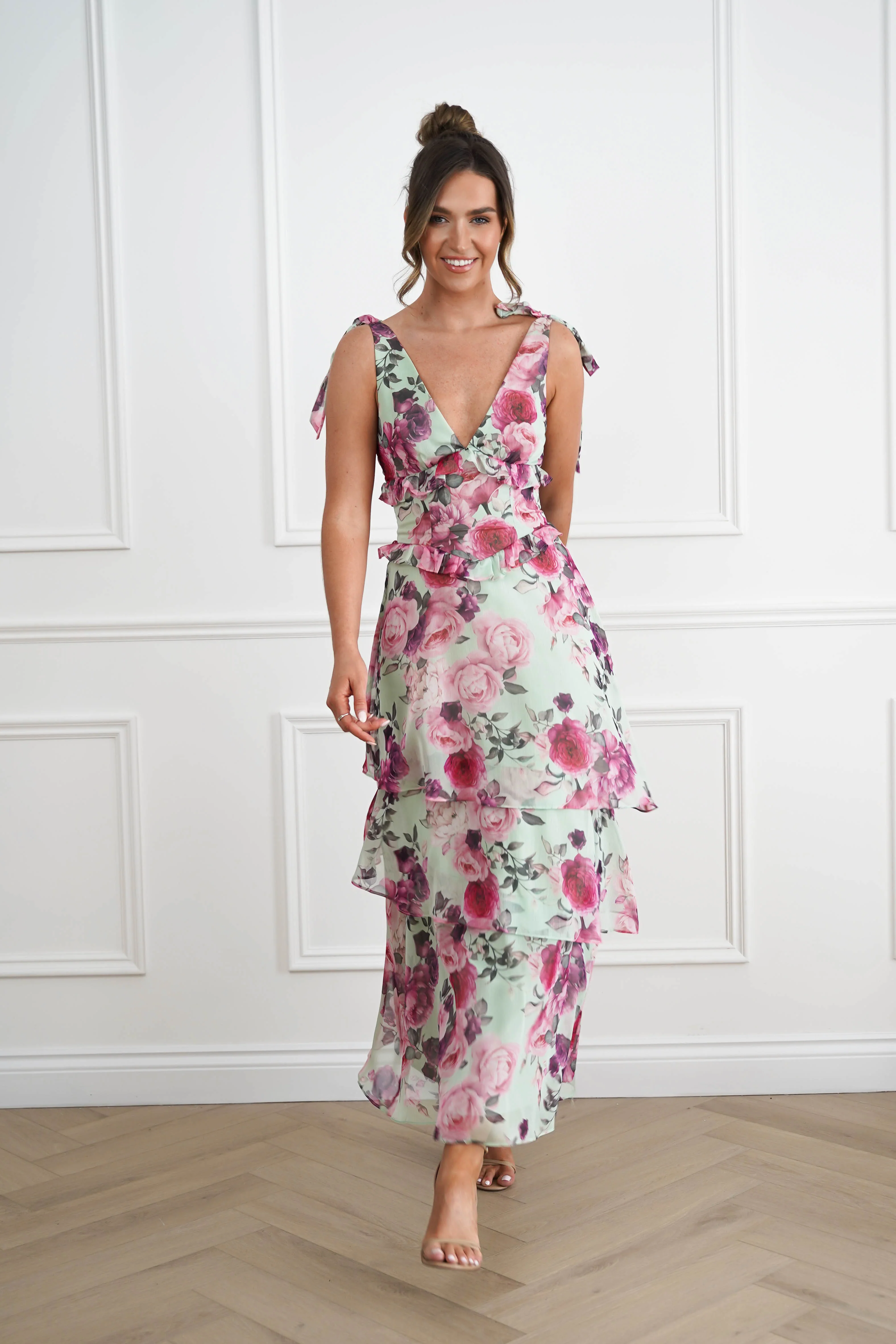 Marzia Floral Tiered Maxi Dress | Green/Pink - Image 8