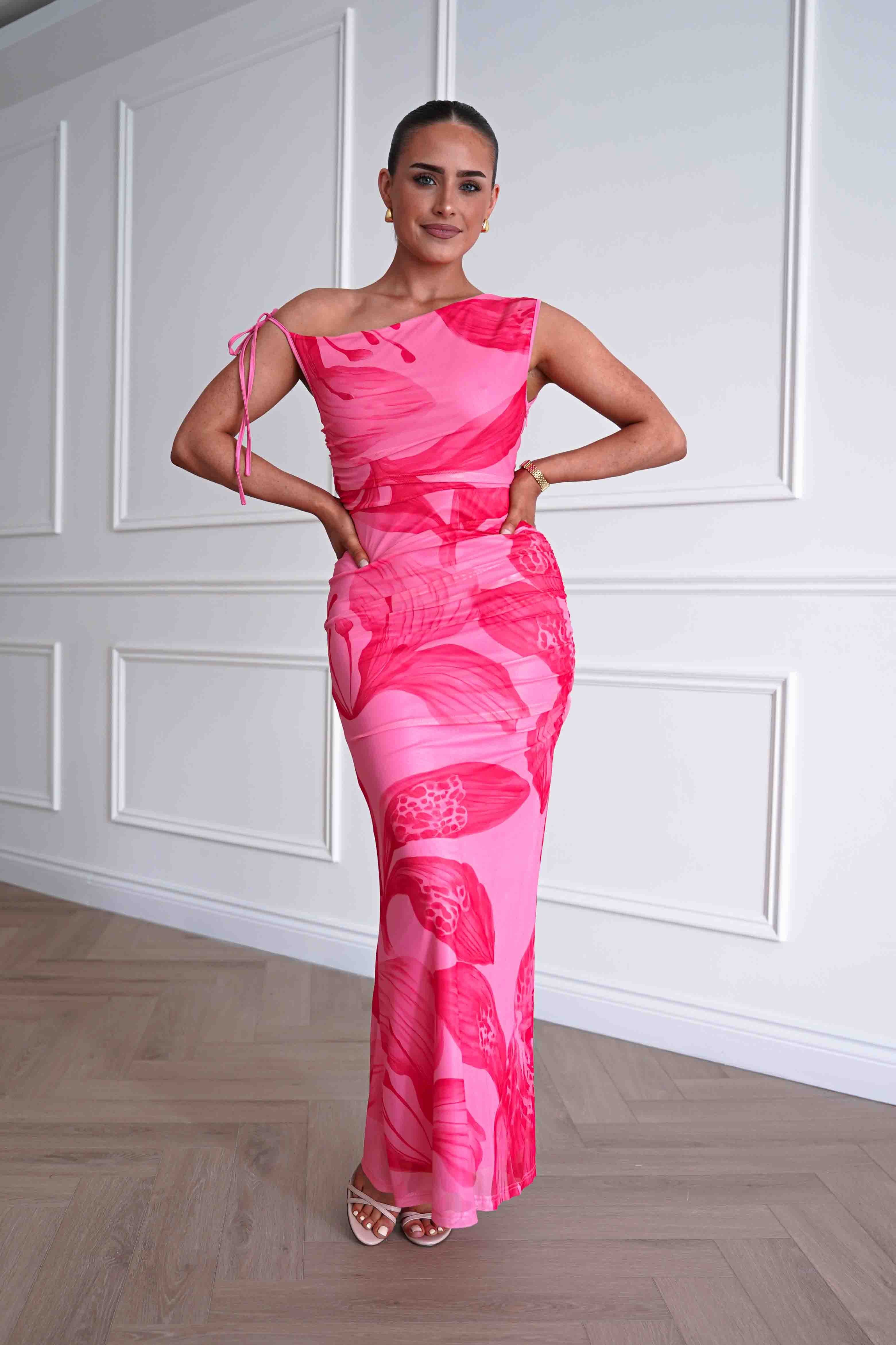 Molly Floral Mesh Bodycon Maxi Dress | Pink - Image 10