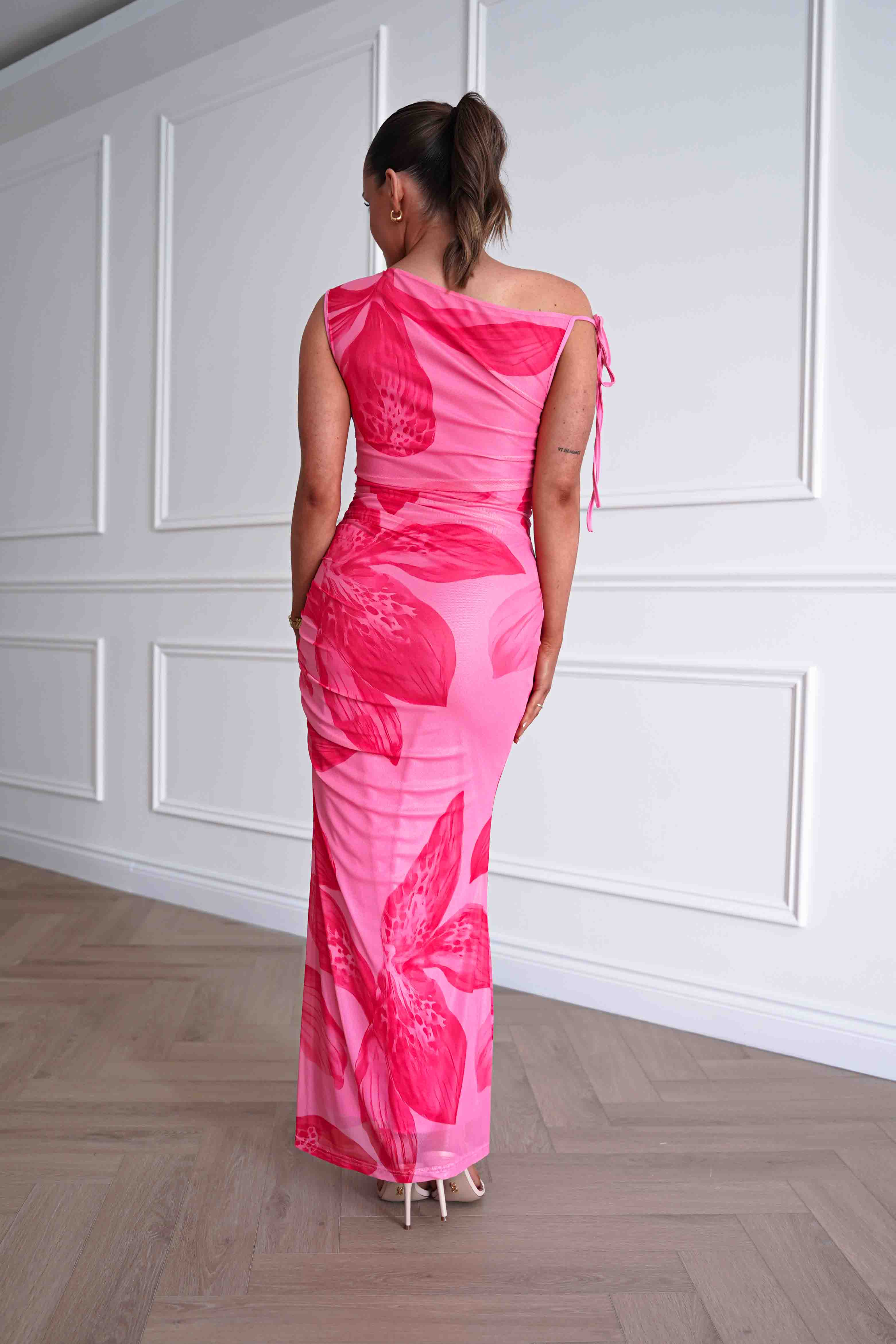 Molly Floral Mesh Bodycon Maxi Dress | Pink - Image 11