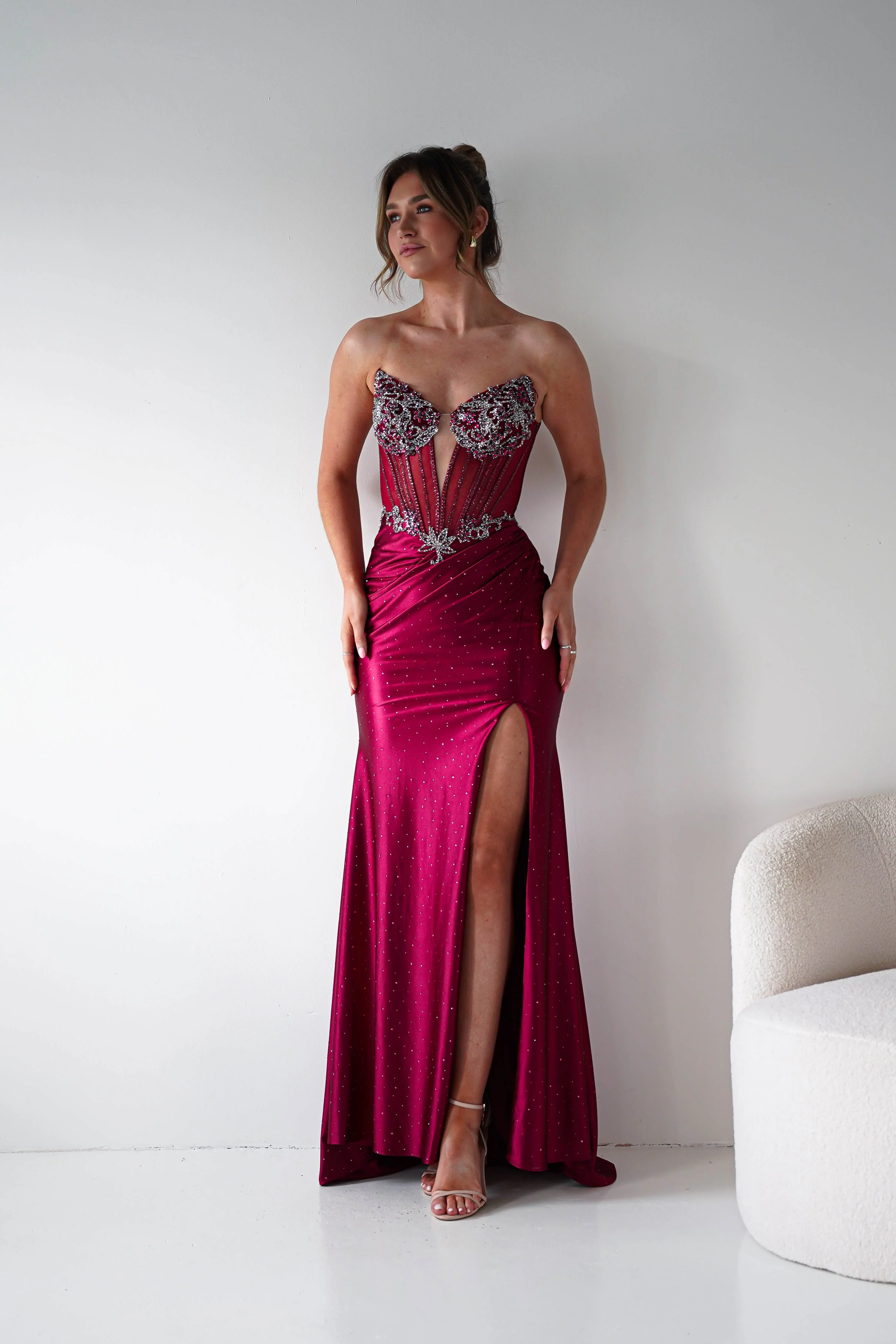 Monaco Rhinestone Strapless Gown | Dark Red