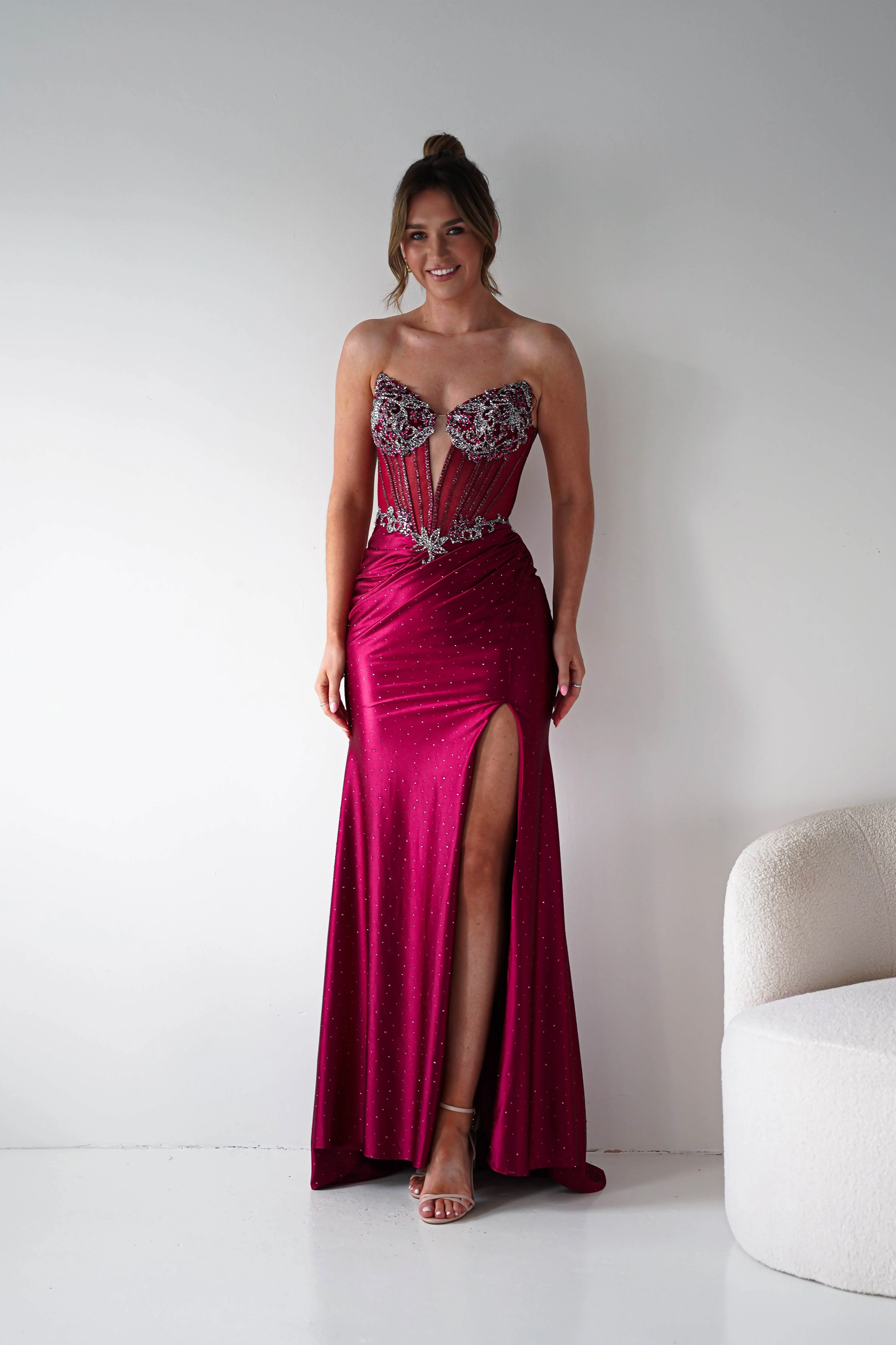 Monaco Rhinestone Strapless Gown | Dark Red - Image 2