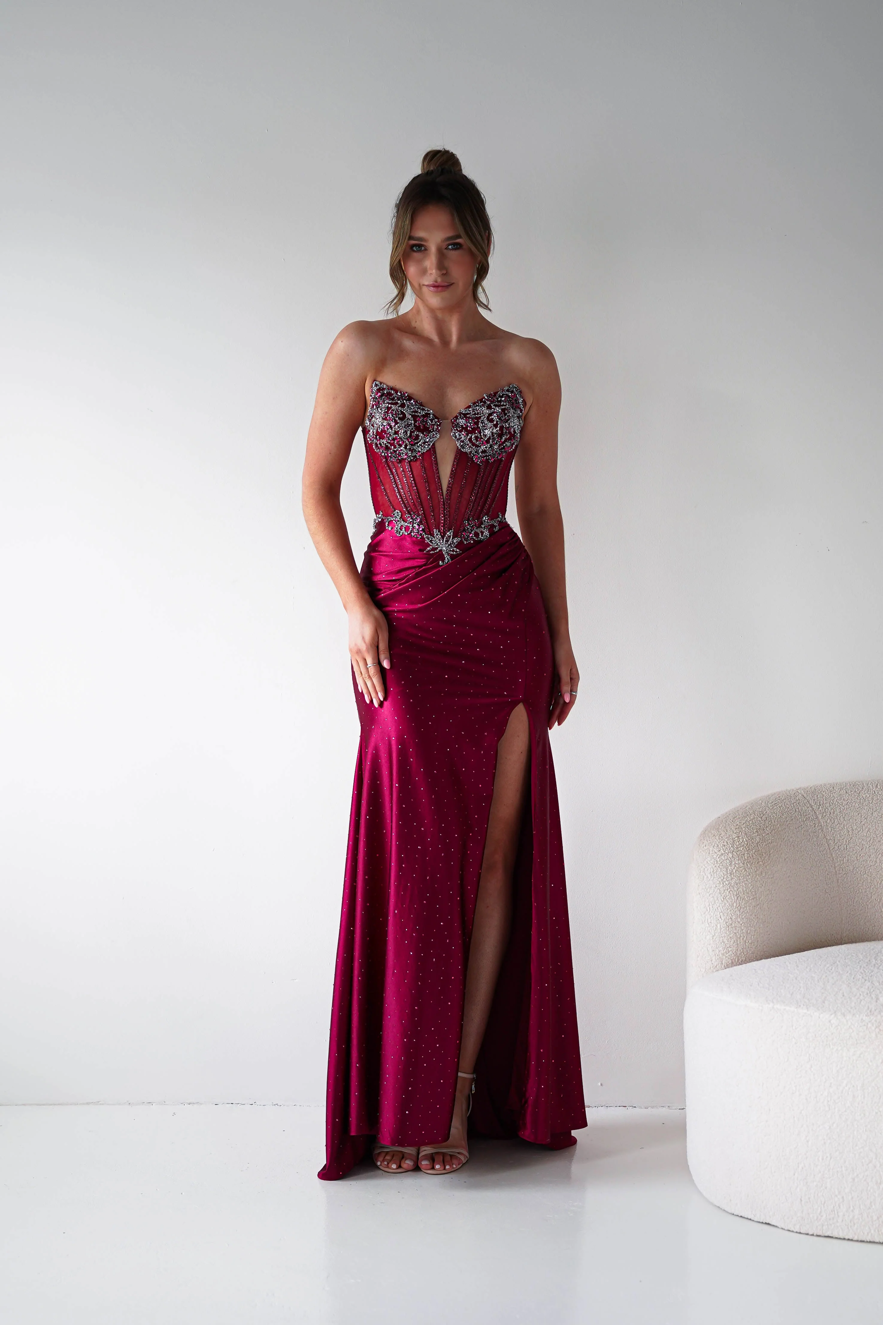 Monaco Rhinestone Strapless Gown | Dark Red - Image 3