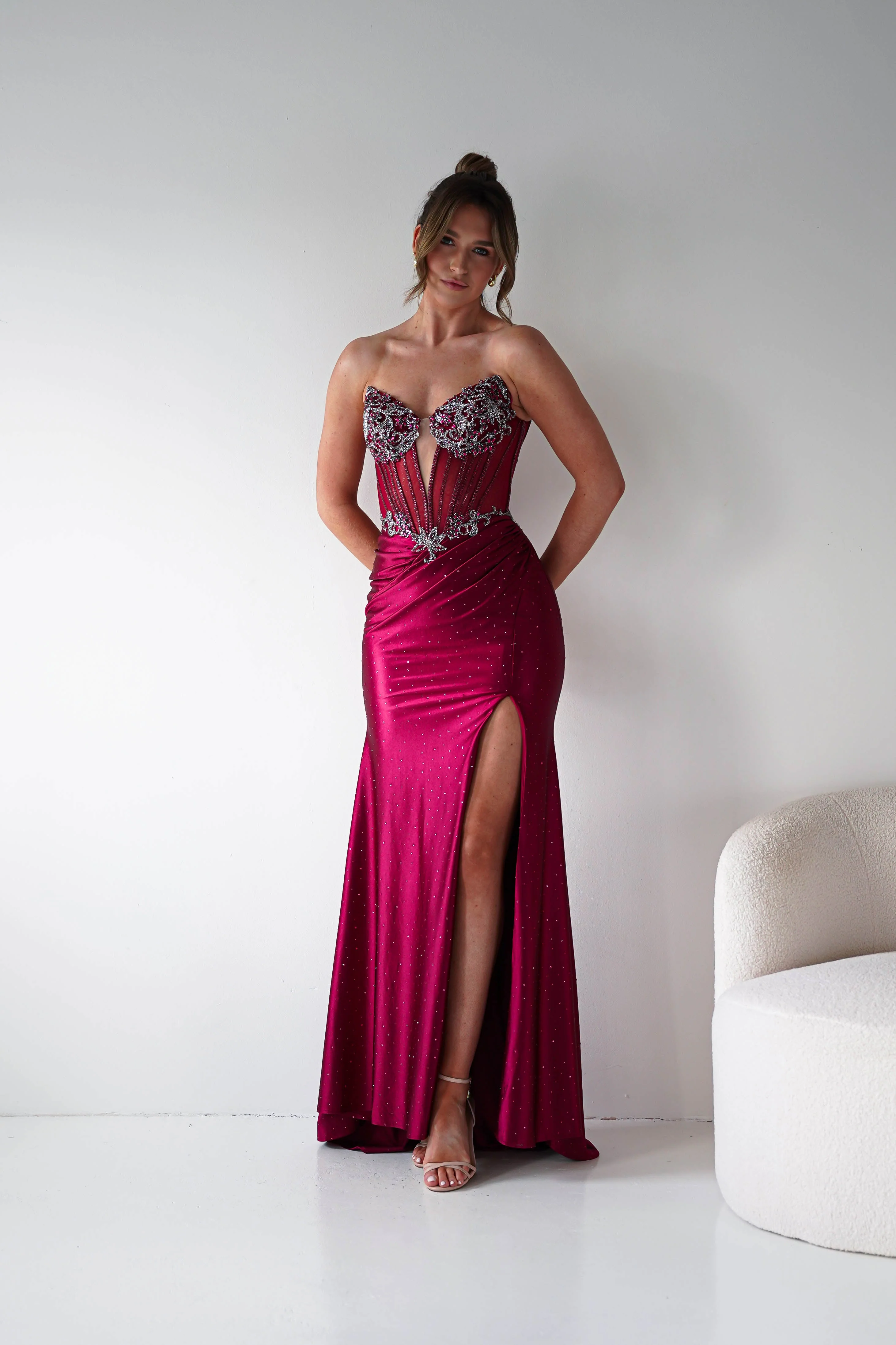Monaco Rhinestone Strapless Gown | Dark Red - Image 4
